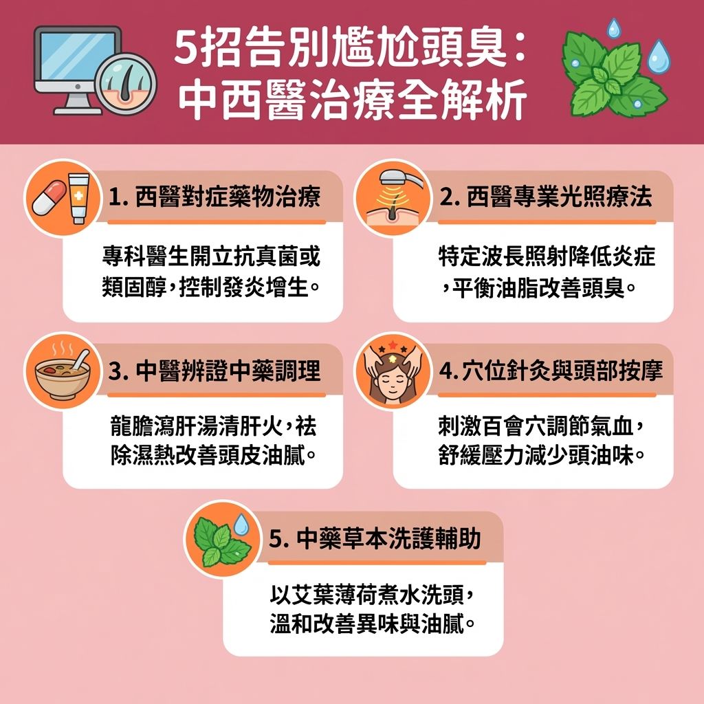 這是一張台灣健康部落格風格的 1:1 正方形資訊圖表，針對青春期頭皮味、壓力型頭皮臭及夏天頭皮流汗引發的洗頭後頭臭問題，提供中西醫的頭臭解決方法與改善頭皮異味指南。圖表強調，當環境濕度與高溫紫外線增加，皮脂腺與汗腺過度分泌油脂，容易促使馬拉色菌與細菌異常繁殖，引發頭皮發炎、角質代謝異常與頭皮屑。

為減少頭皮細菌滋生與預防頭皮出油，建議執行正確洗頭步驟與頭皮深層清潔。挑選合適的抑菌抗屑洗髮精、洗頭水及清爽的護髮素（可參考去油洗頭水推薦與頭皮去角質推薦），洗後務必用吹風機以冷溫風徹底吹乾頭髮。日常也需勤換枕頭套，做好毛囊炎護理保養與脂漏性皮炎護理，舒緩頭皮敏感並保護毛囊與髮根健康。

中醫則建議透過調整作息改善出油、飲食清淡改善體味（控制日常飲食）來應對壓力與荷爾蒙變化，避免荷爾蒙失調脫髮。搭配頭部按摩促進血液循環，由內而外調理，徹底告別頭皮異味困擾。
