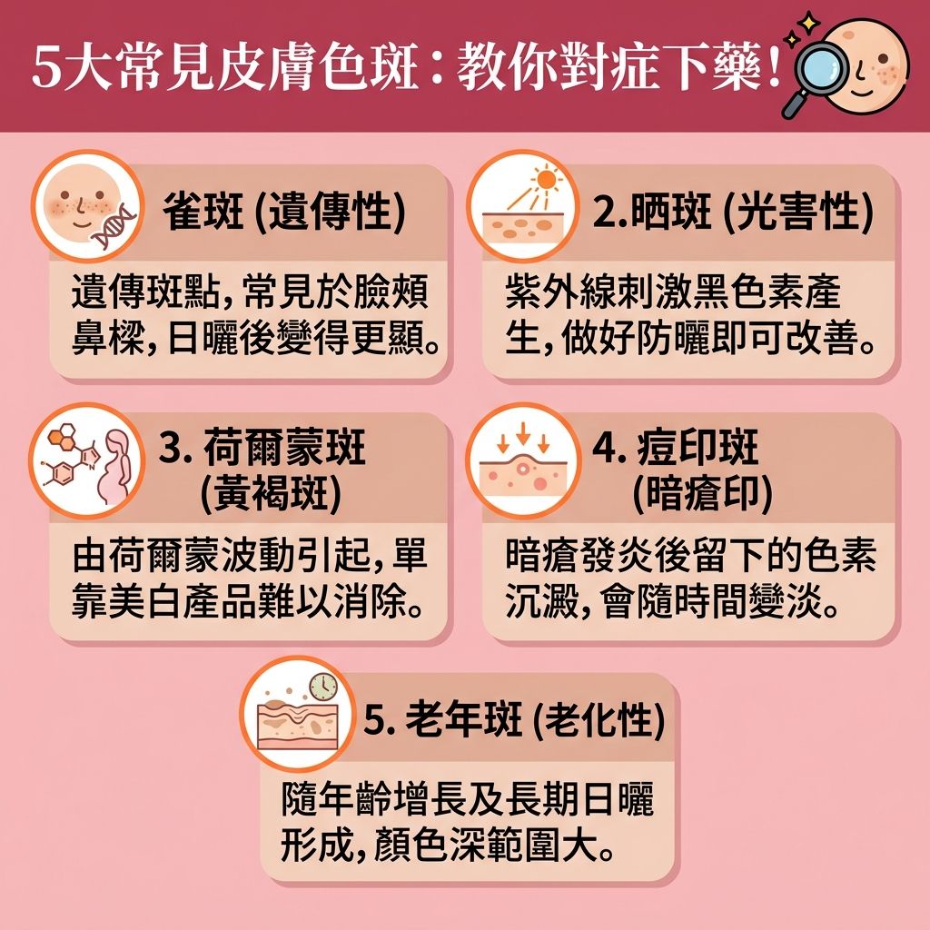 這是一張1:1的台灣健康部落格風格資訊圖表，詳細介紹5大常見的【色斑】種類。當肌膚受到紫外線刺激，【表皮層】與【真皮層】內的【黑色素細胞】會變得活躍，產生大量【黑色素】，進而形成【雀斑】、【太陽斑】、【老人斑】以及【黃褐斑】（即【荷爾蒙斑】）。

為了【阻截黑色素】並【預防色素沉澱】，我們必須採取正確的【物理防曬方法】並勤塗【防曬霜】，以【防止肌膚老化】。日常保養可使用含有【傳明酸】、【煙酰胺】、【熊果素】或【果酸】的【護膚品】與【美白精華】。這些成分能【抑制酪氨酸酶】的活性，幫助【抵抗自由基】、【促進新陳代謝】、【去除老廢角質】與【修復受損肌膚】，從而有效【淡化色斑】、【改善暗沉肌膚】、【改善膚色不均】，達到【提亮膚色】與【均勻膚色】的效果。

若要徹底【解決色素沉澱】，尋求專業的【去斑療程推薦】是最佳途徑。例如進行【皮秒激光】等【美白去斑療程】，不僅【激光去斑效果】極為顯著，更能精準【擊碎深層黑色素】，其光熱效應更能【刺激膠原增生】（喚醒肌底的【膠原蛋白】），讓你重拾健康無瑕的白滑肌膚。