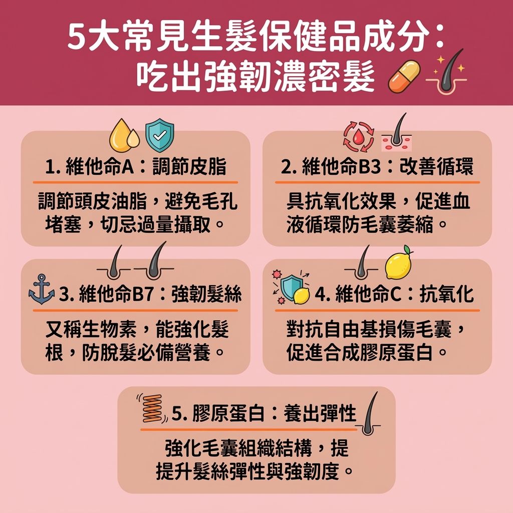 這是一張台灣健康部落格風格的 1:1 正方形資訊圖表，主要探討女士異常脫髮的六大成因，並提供解決掉髮問題的建議。圖表指出遺傳會導致雄性禿，日常荷爾蒙失調與新陳代謝變慢會影響血液循環。當缺乏關鍵營養素如蛋白質、鐵質、鋅、維他命、葉酸與生物素時，會令毛囊與頭皮受損。

為了改善頭髮稀疏及改善頭髮變幼，圖表建議進行頭皮營養補充，攝取含有氨基酸、膠原蛋白與角蛋白的食物或生髮營養補充品。市面上有許多生髮保健品推薦，例如含有魚油與鋸棕櫚的雄性禿保健食品，能發揮優異的生髮丸成效，幫助改善毛囊萎縮並延長毛髮生長期。

對於產後婦女，補充足夠的產後脫髮營養及防脫髮維他命，能有效減少掉髮數量並預防髮線後移。正確補充頭髮角蛋白與修復受損髮質，是強化髮根健康、保護髮根與促進頭髮生長的關鍵。同時，調整作息有助於舒緩壓力脫髮，最終達致增加頭髮厚度的效果。