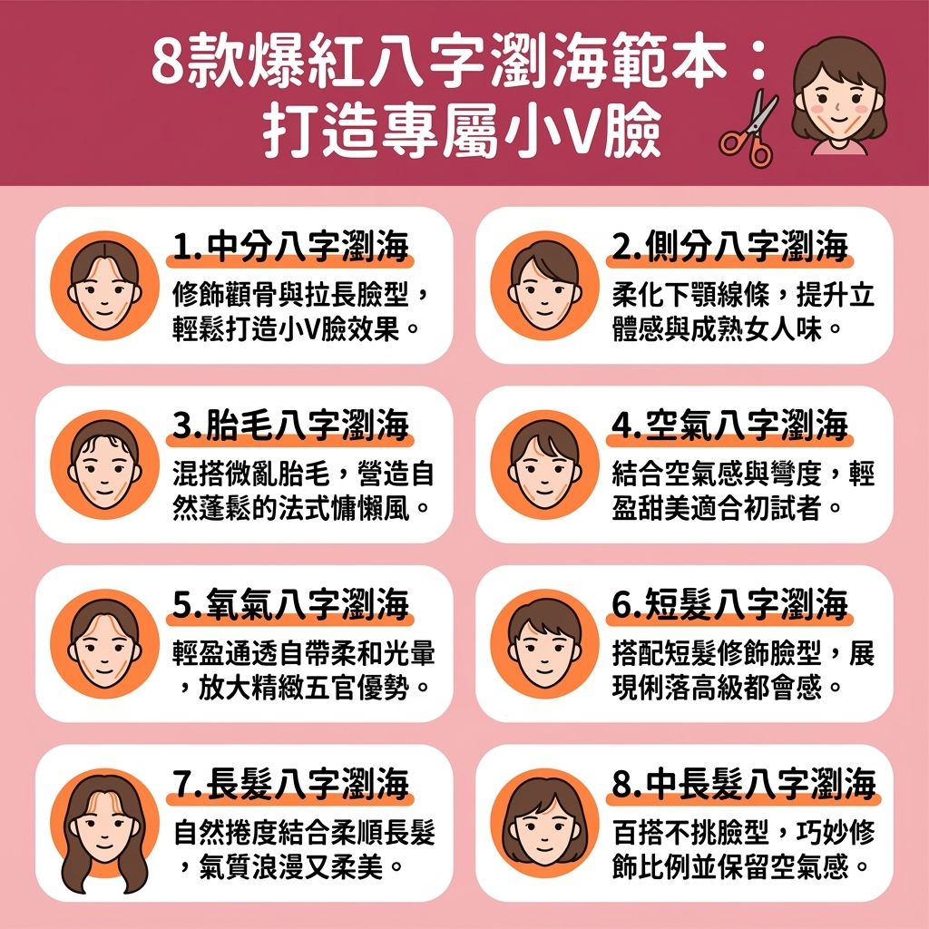 這是一張台灣健康部落格風格的 1:1 正方形資訊圖表，主題為韓系八字瀏海圖鑑與慵懶風髮型推薦。圖表詳細圖解了八字瀏海適合臉型，教你如何利用完美的弧度與層次來修飾臉型。無論你是圓臉、方臉還是長臉，都能找到顯瘦減齡瀏海推薦。特別是圓臉顯瘦八字瀏海，能巧妙作為隱藏寬額頭瀏海遮擋額頭與髮際線，同時也是極佳的修飾高顴骨髮型與修飾咀嚼肌髮型，完美柔化顴骨至下巴的線條。

圖表探討了八字瀏海法式瀏海分別，並提供實用的八字瀏海整理技巧與八字瀏海過渡期整理指南。想要在家進行八字瀏海自己剪，可參考圖中的八字瀏海剪法教學；若去髮廊尋求專業燙髮，則能獲得持久的八字瀏海燙髮效果。

在日常造型上，學習捲髮器整理瀏海與直髮夾整理瀏海，從髮根到髮尾打造豐盈髮量，能有效增加髮根蓬鬆度。搭配適當的定型噴霧掌握八字瀏海定型方法，能讓髮絲更持久。無論是展現浪漫的八字瀏海長髮造型，還是俐落的八字瀏海短髮搭配，這些絕佳的髮型範本都能讓你輕鬆駕馭。