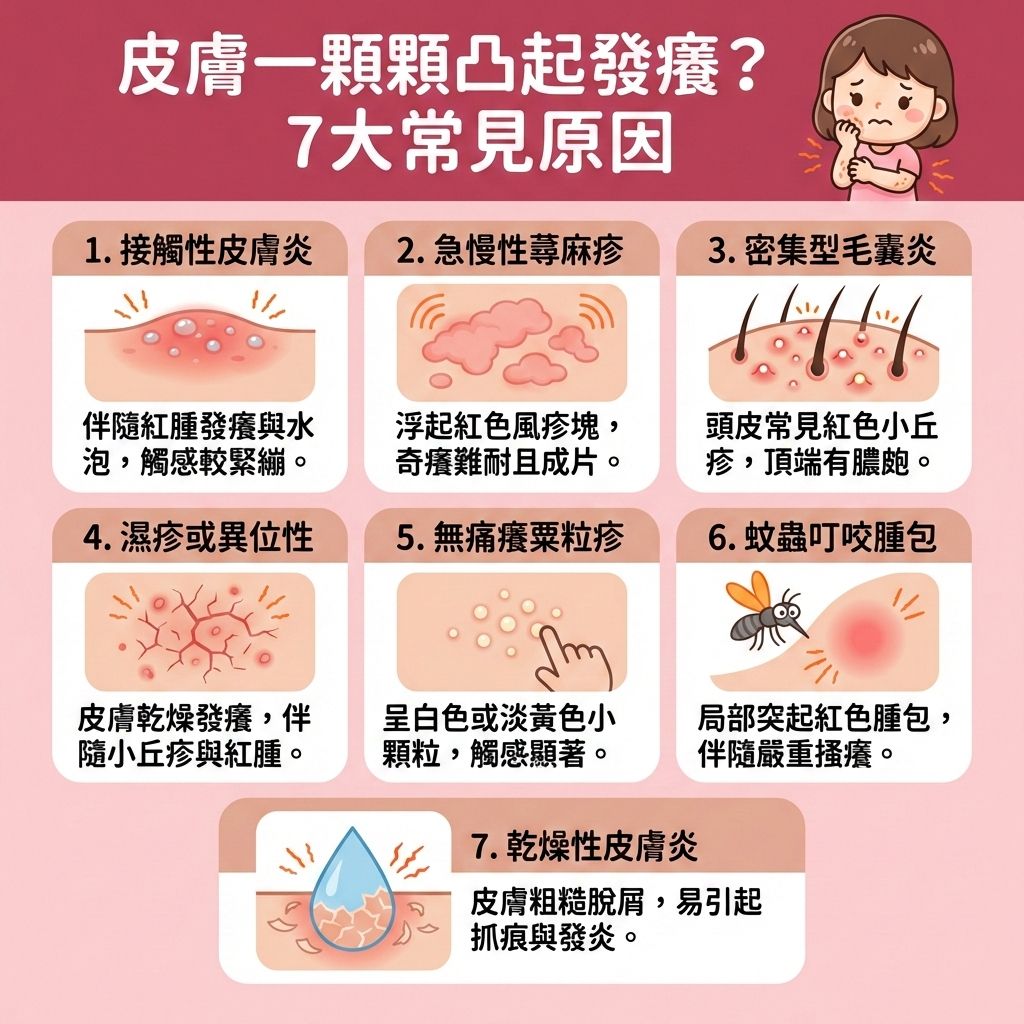 這是一張台灣健康部落格風格的正方形醫美資訊圖表，詳細解析當面部或身體出現皮膚痕癢難當的凸起物時的7大原因。圖表指出，常見的皮膚問題包括毛囊炎、蕁麻疹、濕疹以及汗皰疹，這些通常會伴隨紅腫發炎反應與丘疹。發病原因可能與接觸塵蟎等過敏原、汗腺或皮脂腺堵塞有關。

為降低過敏機率並調節免疫功能（強健的免疫系統是關鍵），我們必須保持環境乾爽並盡量減少進食海鮮。日常護理方面，應挑選溫和的沐浴乳與護膚品來溫和清潔皮膚，並避免刺激物質以增強皮膚屏障。透過去除老廢角質與徹底清潔毛孔，能有效保護脆弱的角質層，同時控制油脂分泌與維持水油平衡，這對於預防暗瘡、痤瘡與粉刺尤為重要，也能改善粗糙膚質。

若發癢難耐，應避免過度搔抓，可透過冰敷舒緩紅腫來舒緩鎮靜肌膚與舒緩過敏症狀。若情況嚴重，應避免自行濫用類固醇藥物，並盡快諮詢專業皮膚科醫生。圖表最後強烈推薦完美醫療的專業醫學美容項目——皇牌「暗瘡分手療程」，助您從根本解決肌膚問題，實現長效預防復發！
