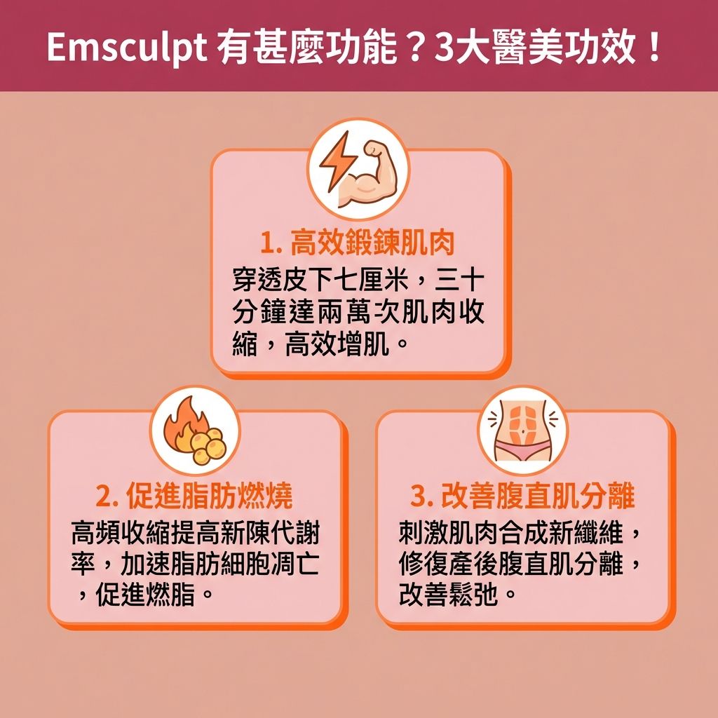 這是一張1:1正方形的台灣健康部落格風格資訊圖表，詳細解說【醫學美容】界大熱的【醫療儀器】功能。針對想要【塑造身體線條】與尋求【產後修身方法】的【產後婦女】，圖表介紹了這款【無創修身療程】。它採用先進的【高強度聚焦電磁技術】（【電磁波】），透過【被動式運動】深入觸發【運動神經元】，深層【刺激肌肉收縮】。

這種【非入侵性治療】能有效【增加肌肉密度】與【提升肌肉質量】（增加【肌肉】與粗大【肌纖維】），特別針對【腹部】的【核心肌群】與【臀大肌】。除了能【強化核心力量】、【收緊腹部線條】以練出【馬甲線】，還能【提升臀部輪廓】打造【蜜桃臀】。療程在消耗【脂肪】的過程中會產生【乳酸】，並加速【新陳代謝】與【提升基礎代謝】（提高【基礎代謝率】），促使【脂肪細胞】凋亡，從而【減少脂肪細胞】、【消除局部贅肉】並【燃燒頑固脂肪】。

這項【增肌減脂療程】不僅能幫助你【突破減肥停滯期】，更是【改善腹直肌分離】與【改善肚皮鬆弛】的利器。配合均衡飲食補充【蛋白質】與【膠原蛋白】，能完美修復【腹直肌】，讓你輕鬆重拾健康與自信美態。