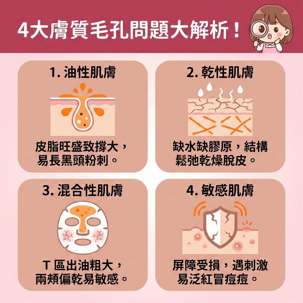 這是一張台灣健康部落格風格的正方形醫美資訊圖表，深入分析四種膚質的毛孔問題。對於油性肌膚，活躍的皮脂腺會分泌大量油脂，若未深層清潔皮膚與溫和潔淨肌膚，過厚的角質層會導致堵塞，形成黑頭、粉刺及暗瘡。此時可使用含水楊酸或果酸的泥膜來去除老廢角質、溶解堆積油脂並疏通堵塞毛孔，有效控制油脂分泌與減少黑頭粉刺。

對於乾性肌膚，缺乏水分與膠原蛋白會加速衰老。正確使用含煙酰胺的精華液與爽膚水等護膚品，能促進膠原增生、提升肌膚彈性，從而緊緻粗大毛孔並延緩肌膚老化。混合肌則需要分區保養以調節水油平衡，這有助於改善粗糙膚質及提亮暗沉膚色。

敏感肌若亂用收毛孔產品易導致發炎，必須專注於增強皮膚屏障與修復受損組織，以舒緩紅腫發炎。若問題嚴重，應尋求皮膚科醫生協助。圖表強烈推薦完美醫療的醫學美容項目，如激光去印療程與「暗瘡分手療程」，助您實現長效預防復發的無瑕美肌！