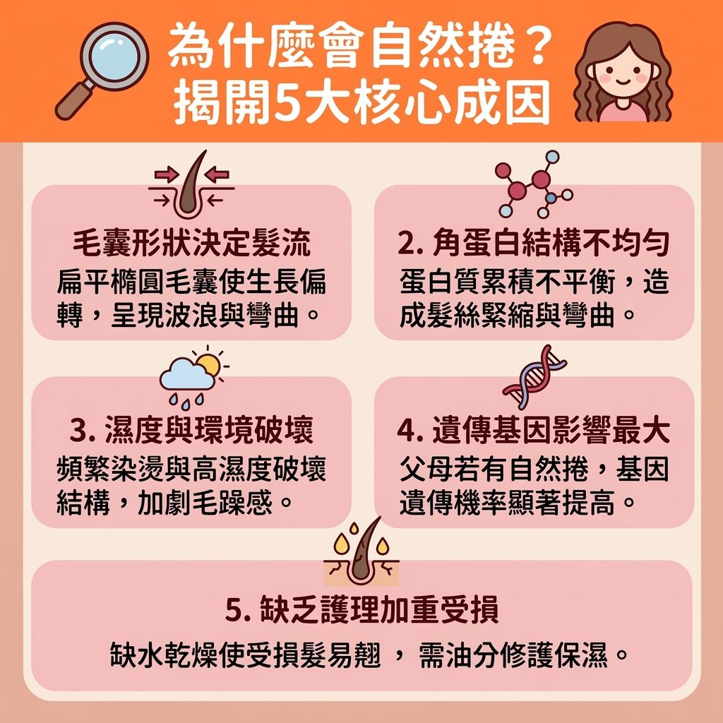 這是一張台灣健康部落格風格的 1:1 資訊圖表，主要探討遺傳性自然捲的成因與實用的自然捲改善方法。圖表解釋了基因與毛囊形狀如何影響自然捲的生成，並指出當角蛋白（一種關鍵蛋白質）分佈不均時，會直接改變整體髮質。

針對台灣與香港常見的高濕度引起的毛躁，圖表分享了頭髮抗潮濕保養與居家護髮技巧。要改善頭髮蓬鬆與撫平毛躁頭髮，建議挑選適合的自然捲洗頭水洗淨頭皮，搭配護髮素、髮膜及護髮油進行髮絲深層滋潤與頭髮保濕修復。這能有效補充水分，幫助毛鱗片閉合護理，保護脆弱的毛鱗片，達到完美的鎖水抗毛躁與減少頭髮靜電效果。

在髮型設計上，圖表提供了自然捲適合髮型與自然捲短髮剪法的建議，並教授實用的直髮夾造型教學。巧妙使用直髮夾與梳子，配合吹頭正確姿勢操作吹風機，能輕鬆完成髮尾內彎整理（針對乾燥的髮尾）。若追求極致柔順，可體驗帶有負離子功能的工具，享受絕佳的負離子直髮效果。如果想徹底改變，圖表建議可以考慮去專業髮廊進行縮毛矯正推薦療程或結構式護髮療程，全面解決毛躁煩惱。