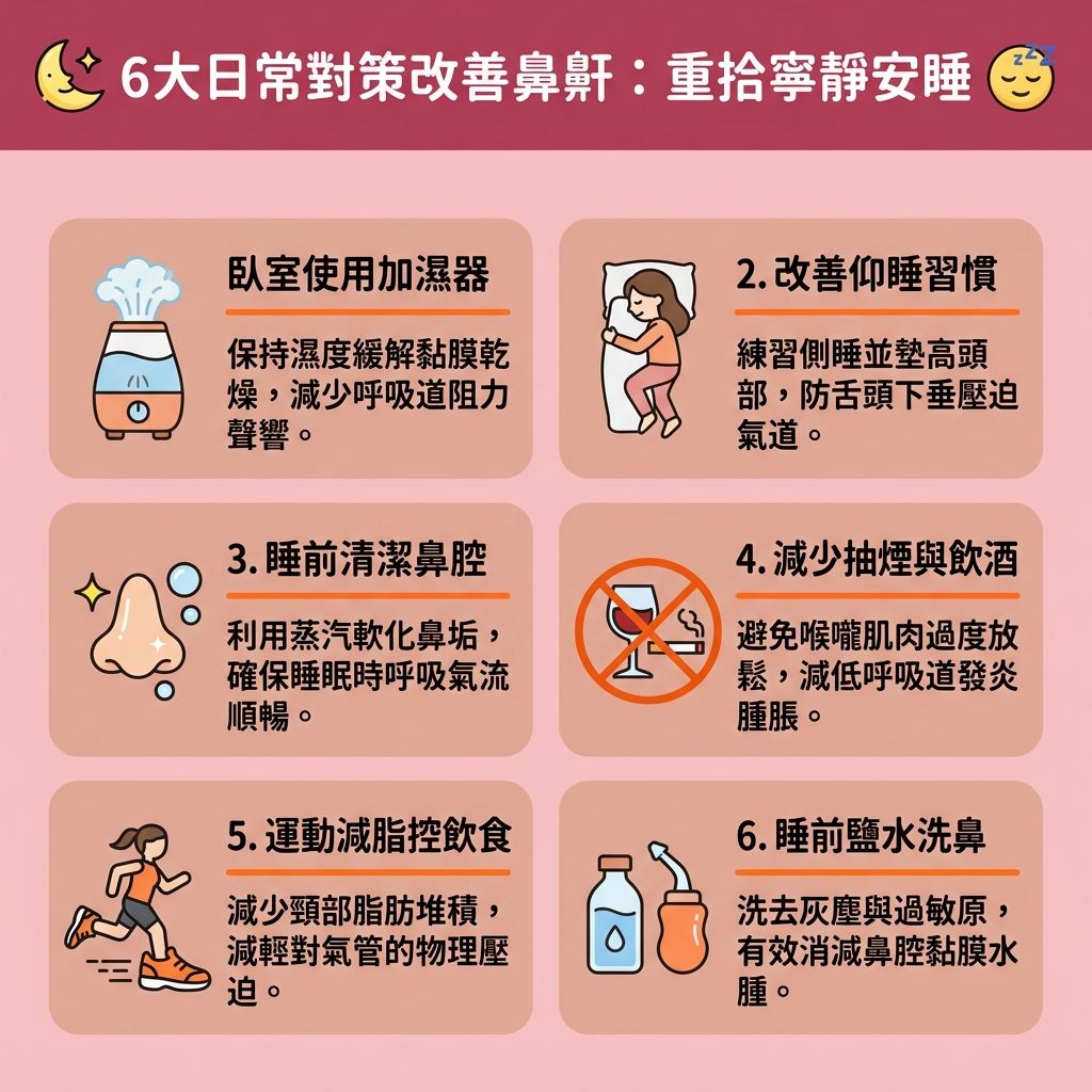 這是一張台灣健康部落格風格的 1:1 正方形扁平化資訊圖表，介紹日常的解決鼻鼾方法。若因鼻息肉、鼻中隔彎曲（需鼻中隔偏曲矯正）、或扁桃腺肥大導致呼吸道受阻，極易引發睡眠呼吸中止與嚴重的睡眠窒息症，影響血液中的氧氣濃度。圖表建議六個生活對策以改善睡眠質素與保持呼吸道暢通。例如，減少煙酒能避免喉嚨、軟顎與懸雍垂的肌肉過度放鬆；洗鼻能保護鼻腔黏膜。

若日常保養無效，患者應前往診所或醫院尋求醫生進行睡眠測試診斷。在選擇睡眠窒息症治療時，可考慮無創止鼾療程，如運用激光的療程，其激光止鼾效果能幫助收緊喉嚨肌肉與擴張上呼吸道，達到改善呼吸道阻塞的目的。

若需進行手術（如微創的微創鼻鼾手術、射頻消融術、切除扁桃腺手術或懸雍垂顎咽整型術），請務必了解手術風險後遺症、手術恢復期間及麻醉風險。及早處理鼻鼾問題，能有效減輕日間疲倦並預防心血管疾病，重拾健康生活。