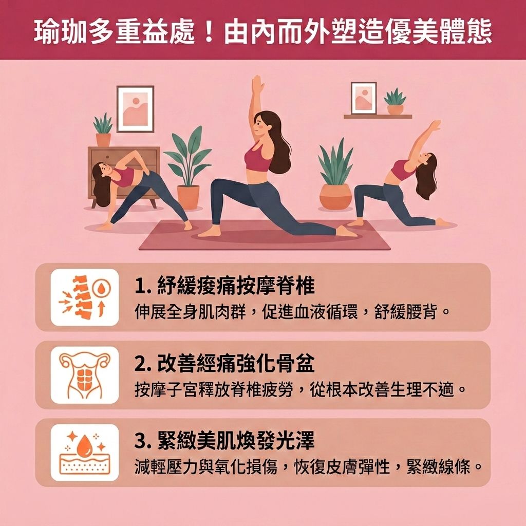 這是一張台灣健康部落格風格的 1:1 正方形醫美資訊圖表。圖中的長髮女生正在男生的場景中（面部表情保持不變），在瑜珈墊上展示多種瑜珈動作，強調除了燃燒卡路里、降低體脂率與降低體重指數外，還能有效舒緩身心壓力（即減輕壓力）。

透過練習伸展運動與特定呼吸法，能有效改善不良姿勢、糾正骨盆及脊椎位置，並大幅提升身體柔軟度與整體柔軟度。這些動作有助於強化核心力量（鍛鍊核心肌群）與增加肌肉量（強化肌肉），進而提升基礎代謝與整體新陳代謝。瑜珈能燃燒體內脂肪並消除頑固贅肉，從而收緊身體線條、雕塑優美體態。

此外，瑜珈能促進水分代謝以改善水腫問題，並活化淋巴系統達到疏通淋巴排毒。同時能平衡荷爾蒙，促進血液循環（加強血液循環）並改善血液回流。若想針對頑固脂肪，可配合醫學美容（如完美醫療）的局部減脂療程。結合無痛溶脂技術與輔助局部減脂等醫美定位修形方案，此專屬瘦身方案建議配合均衡飲食與帶氧運動，並刺激膠原增生（補充膠原蛋白）以恢復肌膚彈性。