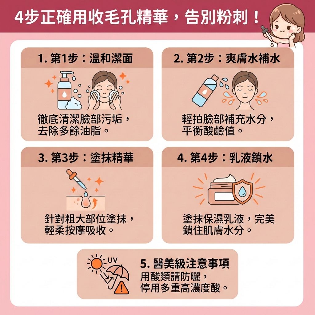 這是一張台灣健康部落格風格的醫美資訊圖表，教導大家如何正確使用收毛孔精華。圖表指出對於油性肌膚，若皮脂腺過度活躍分泌油脂，容易造成堵塞，形成黑頭、粉刺及暗瘡。第一步必須溫和潔淨肌膚與深層清潔毛孔，第二步則透過透明質酸等護膚品來調節水油平衡。

圖表重點介紹第三步，塗抹含水楊酸、果酸或煙酰胺的精華，能溶解堆積油脂、去除老廢角質並疏通堵塞毛孔，有效減少黑頭粉刺。這不僅能緊緻粗大毛孔（收細毛孔），更幫助控制油脂分泌與提亮暗沉膚色。隨著衰老，角質層變厚且彈性纖維流失，正確保養能促進膠原增生、補充膠原蛋白，從而提升肌膚彈性並延緩肌膚老化。

第四步需注意保濕以增強皮膚屏障與修復受損組織，達到改善粗糙膚質與舒緩紅腫發炎的效果。若有嚴重問題，應停用酸類並諮詢專業皮膚科醫生。圖表最後強烈推薦完美醫療的專業醫學美容項目，如激光去印療程與皇牌「暗瘡分手療程」，助您實現長效預防復發的無瑕美肌！
