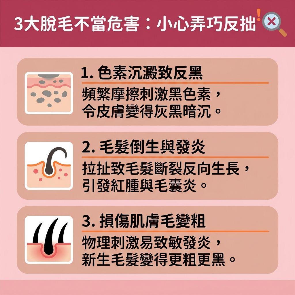 這是一張呈現台灣健康部落格風格的 1:1 正方形資訊圖表，詳細解說脫毛不當的危害。許多人在香港尋找安全脫毛方法與香港脫毛推薦時，會先做脫毛公司比較並參考激光脫毛價錢、全身脫毛優惠或學生脫毛優惠。若自行處理腋下、小腿或比堅尼位的毛髮不當，極易傷害皮膚與角質，導致毛孔出現紅腫與炎症，甚至刺激黑色素與色素增生。為避免皮膚灼傷、解決毛囊發炎並改善毛髮倒生，應注重脫毛前後護理及私密處脫毛保養。

專業醫生建議選擇專業脫毛中心或合資格的美容院進行療程。了解激光脫毛原理後，可知激光（相較於傳統彩光）能透過精準的波長與能量直達毛囊底部。搭配冰感與先進的冰感脫毛技術，不僅能有效舒緩脫毛紅腫，更能減少色素沉澱與收細粗大毛孔，輕鬆體驗無痛激光脫毛。只要完成建議的脫毛療程次數，便能安全達到理想的永久脫毛效果。