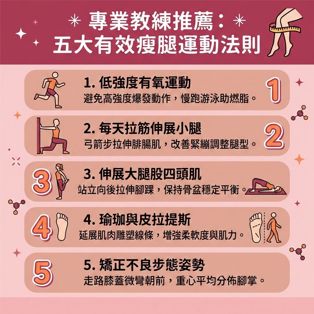 這是一張 1:1 正方形的扁平化向量資訊圖表插畫，嚴格採用台灣健康部落格懶人包風格。圖表以可愛、具教育性與醫美感的方式解析「專業教練推薦：五大有效瘦腿運動法則」，底部保持純淨無字並無縫應用背景色。

內容詳細解析絕佳的減肌肉腿方法，教您如何改善粗壯小腿與大腿問題。日常中常穿高跟鞋或避免久站久坐等不良習慣，容易導致乳酸堆積、肌肉纖維與筋膜緊繃，甚至影響淋巴系統與血液循環，造成皮下脂肪與脂肪細胞大量囤積。

圖中建議減少高強度的無氧運動與過度阻力訓練，並控制蛋白質攝取，以免肌肉過度生長。相反地，應多做低強度的有氧運動來消耗卡路里。針對小腿的腓腸肌與比目魚肌，每日進行拉筋伸展運動能舒緩腿部肌肉、放鬆緊繃肌肉並減少肌肉充血。這不僅是絕佳的消除蘿蔔腿策略，還能促進血液循環與排毒去水腫，有效消除下肢水腫。

圖表同時強調矯正走路姿勢與步姿，穩定骨盆位置，這是改善腿部線條與塑造筆直長腿的根本。若想更快速打擊頑固脂肪與進行局部減脂，圖表側邊醫美專欄提示，可透過專業的醫美瘦小腿療程（如注射肉毒桿菌或瘦腿針）來縮小過度發達的肌肉，或結合無創溶脂技術，全方位雕塑完美腿部比例！