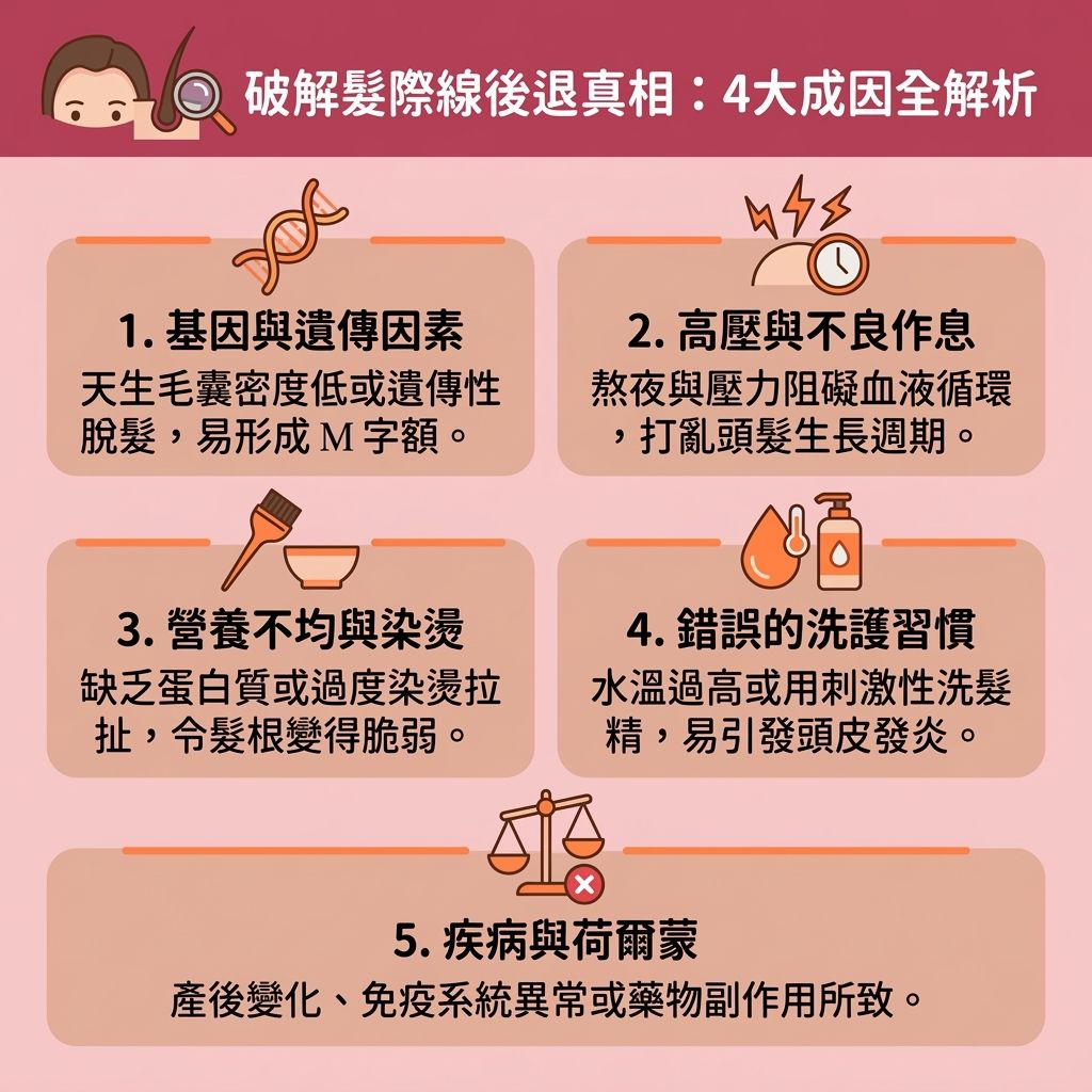 這是一張台灣健康部落格風格的 1:1 正方形資訊圖表，詳細解析了髮線後退的四大原因。許多人十分關注額頭高面相，一旦發現髮線後移先兆（例如M字額初期），便急於尋求高額頭改善與改善髮線後移的方法。圖表解釋了雄性禿與女性髮線後移的成因，指出基因與荷爾蒙變化會影響額頭的毛囊，導致脫髮與M字額。為挽救髮際線及達致頭髮稀疏解決的目標，我們必須針對脆弱的髮根與頭皮進行毛囊萎縮治療與雄性禿治療。

日常生活中，錯誤洗護會破壞皮脂腺並產生頭皮屑，建議使用優質的防脫髮洗頭水配合頭皮深層清潔，以保護頭髮健康。飲食上需補充蛋白質，以促進頭髮生長並改善血液循環。在尋求專業皮膚科醫生協助前，許多人會嘗試髮際線修飾技巧，例如參考髮際線粉推薦使用髮際線粉，或學習胎毛瀏海剪法剪出胎毛瀏海，甚至換個髮線高髮型來隱藏缺點。針對積極的治療，可考慮塗抹生髮水、使用激光生髮帽（需先了解激光生髮帽效果）、進行植髮手術或挑選合適的生髮療程推薦，以有效刺激毛囊生長。