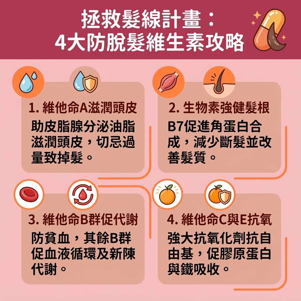 這是一張台灣健康部落格風格的 1:1 正方形資訊圖表，詳細介紹了四種拯救髮線的維他命。許多人因荷爾蒙變化、免疫系統問題或新陳代謝緩慢而面臨脫髮危機。為了減輕壓力型脫髮及改善產後脫髮，我們需要了解防脫髮維他命推薦。
圖表中提到，攝取足夠的營養素能成為改善脫髮保健品或護髮營養補充劑的天然替代方案。維他命A有助於皮脂腺分泌脂肪酸與油脂，避免維他命不足脫髮。維他命B群中的生物素具有極佳的生物素生髮功效，能促進角蛋白合成，為頭髮補充蛋白質與角蛋白，有效解決斷髮問題、修護受損頭髮並強化毛囊健康。
此外，維他命C與E是強效的抗氧化劑，能進行抗氧化護髮，對抗自由基並延緩頭髮老化。維他命C能促進膠原蛋白生成，而搭配維他命E則能改善頭皮血液循環及整體血液循環。除了這些維他命，日常也應攝取防脫髮食物，確保補充足夠的鐵質與鋅，因為補充鐵質防掉髮能有效滋養髮根。這些滋養髮根方法不僅能預防頭髮稀疏，還能增加頭髮濃密度，為頭皮與毛囊創造良好環境，最終達到促進頭髮生長的效果。
