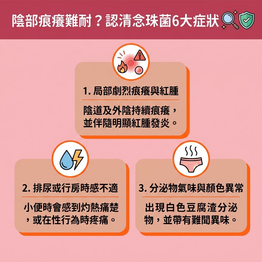 這是一張1:1正方形的台灣健康部落格風格資訊圖表，詳細解說【私密處痕癢成因】與【念珠菌感染症狀】。當女性面臨【荷爾蒙失調】、步入【更年期】導致【卵巢】功能衰退與【雌激素】下降，或者日常習慣不佳時，會破壞【陰道】內的【乳酸桿菌】與整體【微生態】平衡。這不僅會改變原有的【酸鹼度】，更容易引發【念珠菌】或【滴蟲】大量繁殖而造成的【陰道炎】。

感染後，常見症狀包括【陰道紅腫痛楚】、【豆腐渣分泌物】（異常的【白帶】與【分泌物】），甚至引發【性行為疼痛】。為【預防陰道感染】與【消除私密處異味】，日常應【維持私密處酸鹼值】、【穿著透氣內褲】（如純棉【內褲】）、【減少使用護墊】（避免長期悶熱墊著【護墊】），並【增強身體免疫力】。

若因【荷爾蒙】變化導致【黏膜】變薄，需要【改善陰道乾澀】與【緩解私處乾癢】，可適當使用【潤滑劑】。針對老化或產後造成的【骨盆底肌】無力，醫美界推薦專業的【私密處保養療程】與【陰道鬆弛治療】。透過【激光】或【射頻】等【無創私密處緊緻】技術，能【促進局部血液循環】、【刺激膠原蛋白增生】（喚醒底層【膠原蛋白】），有效【恢復陰道彈性】，全面守護女性健康。