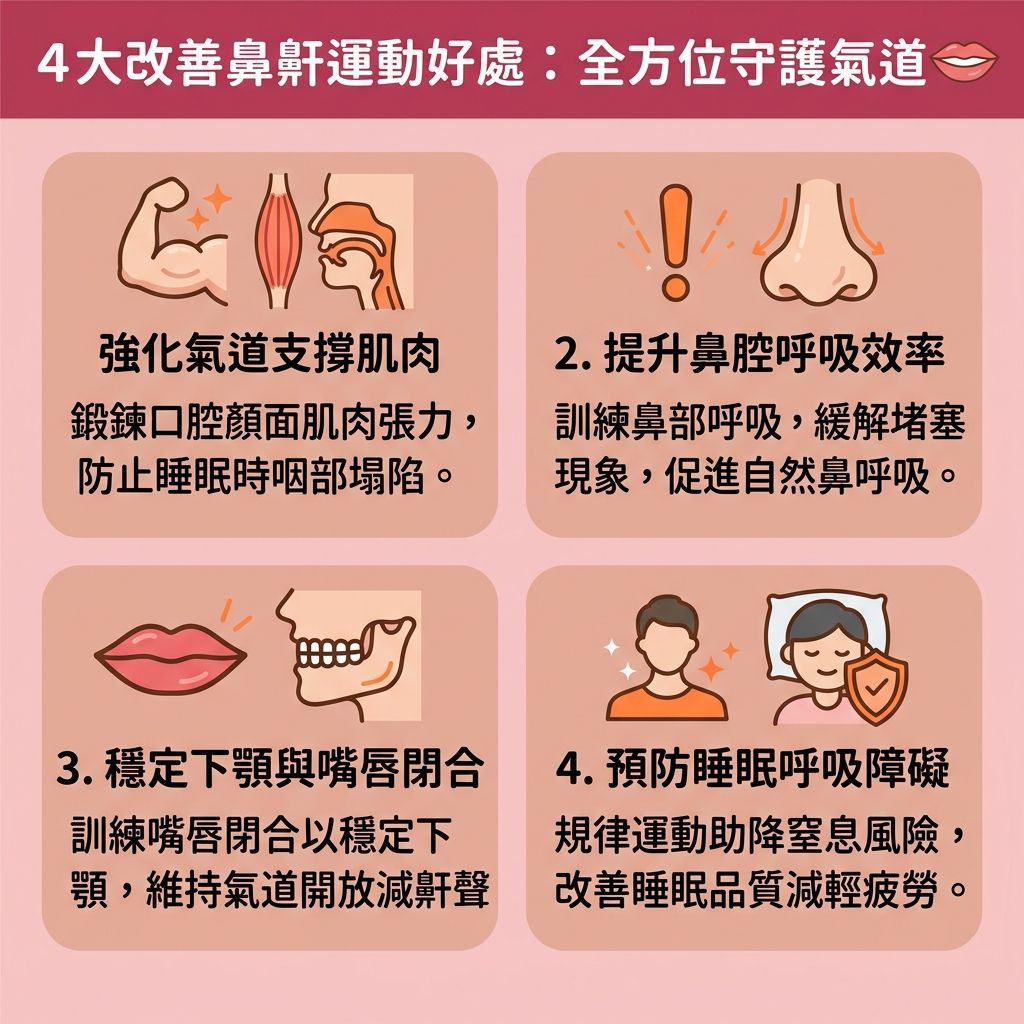 這是一張台灣健康部落格風格的 1:1 正方形扁平化資訊圖表，詳細解說四大【改善鼻鼾運動】的益處。透過【舌頭伸展運動】與【呼吸訓練法】，能有效【強化口腔肌肉】及進行【咽喉肌肉鍛鍊】，幫助【收緊喉嚨肌肉】。這不僅能【防止舌頭後墜】與穩定【下顎】，更能避免【舌頭】與【軟顎】在【睡眠】中塌陷。

這套【物理止鼾方法】是極佳的【解決鼻鼾方法】。當【咽喉】與【喉嚨】【肌肉】變得緊實，能順利擴張【呼吸道】並【保持呼吸道暢通】。此外，訓練能引導【氣流】正確通過【鼻腔】，進而【改善用口呼吸】與【改善呼吸道阻塞】。當呼吸順暢，身體獲取充足【氧氣】，便能【預防睡眠缺氧】、【減少打呼嚕】及【減輕日間疲倦】。若同時搭配【控制體重減鼻鼾】減少頸部【脂肪】，更能大幅【降低停止呼吸頻率】，【舒緩睡眠障礙】並全面【提升睡眠質素】。

若【鼻鼾】問題嚴重至演變成【睡眠窒息症】，建議盡早前往專業【診所】尋求【醫生】進行【睡眠測試診斷】（即專業【睡眠測試】）。在專業評估下，可搭配專屬【療程】、配戴【牙膠】或使用【呼吸機】等醫療工具輔助，全方位守護健康。