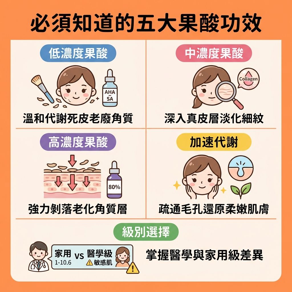 這是一張正方形 1:1 的現代醫療健康資訊圖表（Infographic），採用扁平化設計及帶有日系/台系可愛卡通感的 2D 向量插畫風格。背景採用柔和純色 #FF8C42，版面以彈性網格排版，用淺色直線清晰劃分為 5 個方格。圖表全面解析果酸的神奇功效。
第一格展示低濃度果酸（涵蓋水楊酸、杏仁酸、甘醇酸及乳酸），插圖為可愛女生進行溫和煥膚療程，幫助去除老廢角質與溶解油脂污垢，解決角質層過厚問題，有效改善粗糙膚質及提亮暗沉膚色。
第二格介紹中濃度酸類，針對深層皮脂腺與毛孔問題，能控制油脂分泌並深層清潔毛孔，預防黑頭、白頭、粉刺及暗瘡，同時能減淡細紋皺紋並增加皮膚彈性。
第三格為高濃度專業的醫學美容療程，插圖展示強力剝落效果，能疏通閉塞毛囊、改善暗瘡粉刺、淡化暗瘡印及撫平凹凸洞，甚至能刺激膠原增生以提升皮膚膠原蛋白。
第四格強調促進細胞更新，插圖提醒要配合透明質酸保濕及塗抹防曬來預防色素沉澱，避免黑色素積聚，從而達到預防毛孔粗大的柔嫩肌膚效果。
第五格區分家用與醫學級別產品，提醒敏感肌、酒糟鼻或玫瑰痤瘡患者需謹慎選擇成分，可搭配含蘆薈成分的產品來鎮靜舒緩紅腫並修復受損屏障。圖表排版具教育性醫美感，設計整潔，圖片下方絕無添加任何特定品牌字眼。