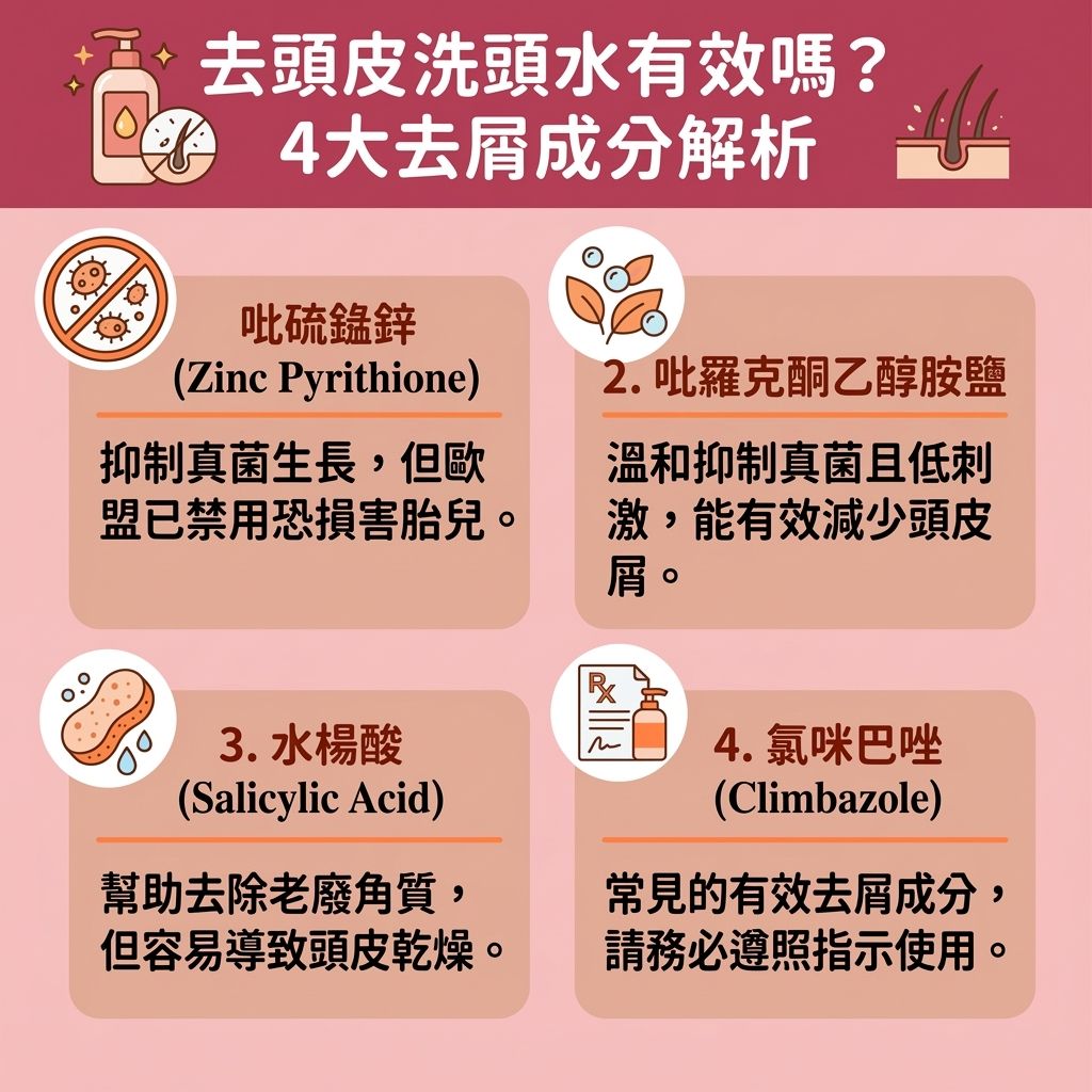 這是一張台灣健康部落格風格的 1:1 正方形扁平化資訊圖表，詳細分析了頭皮屑的成因與頭皮痕癢解決方法。當頭皮的皮脂腺分泌過多油脂，會令真菌與細菌大量滋生，影響角質層的正常新陳代謝。若加上壓力影響免疫系統及荷爾蒙失衡，容易引發炎症，甚至增加脫髮風險。為調理頭皮健康及控制頭皮屑產生，圖表建議進行頭皮護理療程及頭皮深層清潔，以達致深層淨化毛囊與去除頭皮角質。

日常護理方面，必須挑選合適的洗頭水，如市面上的去頭皮洗頭水推介或無矽洗頭水推薦。針對不同症狀，可選用含水楊酸、焦油或酮康唑等成分的抗真菌洗髮露與抗菌去屑配方，來平衡油脂分泌及維持健康的酸鹼度。這不僅能減少頭皮出油、改善乾燥脫屑，更有助舒緩頭皮敏感及舒緩紅腫發炎。透過正確的洗護與防脫髮去屑護理，能有效預防毛囊發炎、保護毛囊健康。若懷疑是潛在皮膚疾病，應及早尋求醫生協助進行治療脂溢性皮炎，才能徹底改善頭皮發炎。