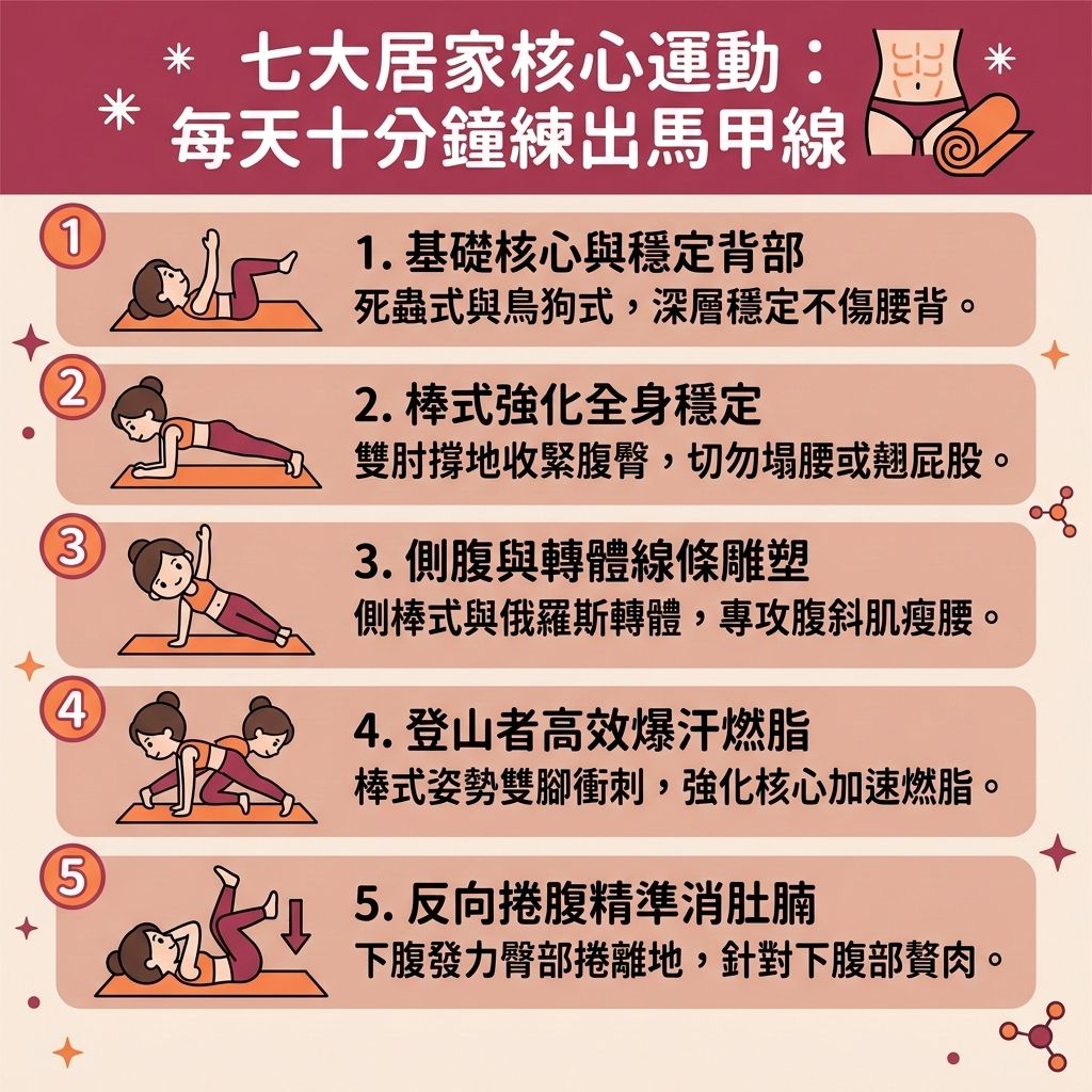 這是一張 1:1 正方形的扁平化向量資訊圖表插畫，嚴格採用台灣健康部落格懶人包風格。圖表以可愛、具教育性與醫美感的方式解析「七大居家核心運動」，底部保持純淨無字並無縫應用背景色。

圖表教導如何透過居家徒手訓練與正確的平板支撐動作來增強核心力量。人體核心包含腹直肌、腹橫肌、腹外斜肌，以及深層的多裂肌、骨盆底肌、豎脊肌與橫膈膜。正確鍛鍊能穩定脊椎關節以保護脊椎，並矯正骨盆前傾穩定骨盆，有效改善不良姿勢與預防下背疼痛。

將核心動作結合高強度間歇訓練、有氧運動與阻力訓練，能大幅提升基礎代謝與整體的基礎代謝率，增加肌肉量並提高運動表現。搭配健康減重餐單，能精準燃燒深層脂肪，消滅內臟脂肪、皮下脂肪與脂肪細胞。這是極佳的減大肚腩方法與消除腹部贅肉策略，助您有效降低體脂比例與體脂率，成功突破減肥停滯期，輕鬆打造馬甲線。

若想追求極致體態，圖表側邊的醫美專區建議結合醫學美容的無創減脂技術與局部減脂療程。透過先進的溶脂科技進行醫美定位修形，能進一步為您塑造緊緻線條，全方位展現完美健康身段！