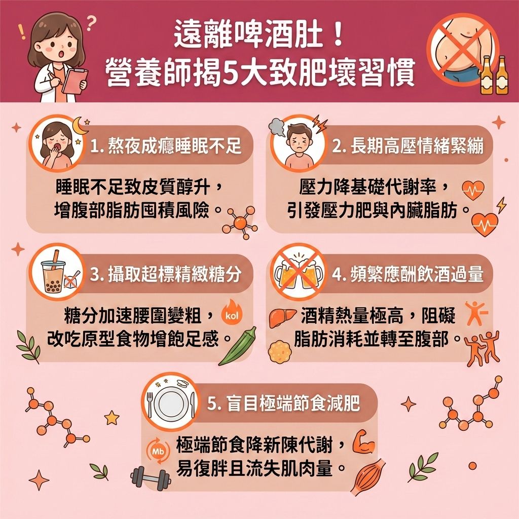這是一張台灣健康部落格風格的 1:1 正方形資訊圖表，主題探討最佳的減大肚腩方法與瘦小腹秘訣。圖中指出五個引發內臟脂肪與皮下脂肪囤積的壞習慣。要改善中央肥胖並消除腹部贅肉，必須精準控制熱量攝取（計算卡路里）並減少碳水攝取（控制碳水化合物）。日常可攝取富含膳食纖維的秋葵來促進腸胃蠕動與幫助排毒清腸宿便，或飲用含兒茶素的綠茶，並補充優質蛋白質。這是絕佳的減脂增肌飲食，有助穩定血糖與胰島素。

若想突破減肥停滯期，除了配合輕斷食以延長燃脂時間，更要進行有氧運動並鍛鍊核心力量（強化核心肌群）。這能有效提升基礎代謝與整體的基礎代謝率，加速新陳代謝，從而燃燒深層脂肪，成功降低體脂比例（降低體脂率），助您打造易瘦體質並預防脂肪積聚。

若追求極致並想塑造緊緻線條，醫學美容是另一高效途徑。透過專業的局部減脂療程與先進的無創減脂技術，配合溶脂儀器進行精準的醫美定位修形，能安全有效地為您重塑完美曲線！