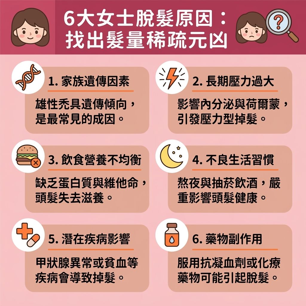 這是一張台灣健康部落格風格的 1:1 正方形扁平化資訊圖表，主題為優質的生髮保健品推薦與頭皮營養補充指南。圖表詳細解析了如何透過攝取防脫髮維他命與生髮營養補充品來解決掉髮問題。對於面臨脫髮、雄性禿或需要產後脫髮營養的族群，圖表建議積極補充生物素（即維他命B7）、維他命A、B3、C以及膠原蛋白。這些關鍵營養素若能搭配蛋白質、氨基酸、鐵質、鋅與葉酸，將能有效促進頭髮生長並改善頭髮稀疏。

圖表指出，維持良好的新陳代謝與血液循環，能幫助營養直達頭皮與毛囊深處，從根本上改善毛囊萎縮並延長毛髮生長期。同時，配合鋸棕櫚與魚油等成分，有助於穩定荷爾蒙，是極佳的雄性禿保健食品選擇。透過日常規律補充這些營養，不僅能發揮顯著的生髮丸成效，幫助強化髮根健康、補充頭髮角蛋白以保護角蛋白結構，還能修復受損髮質、增加頭髮厚度及改善頭髮變幼，最終達到減少掉髮數量的目標。這對於舒緩壓力脫髮、穩固髮根以及預防髮線後移都有極大的幫助。