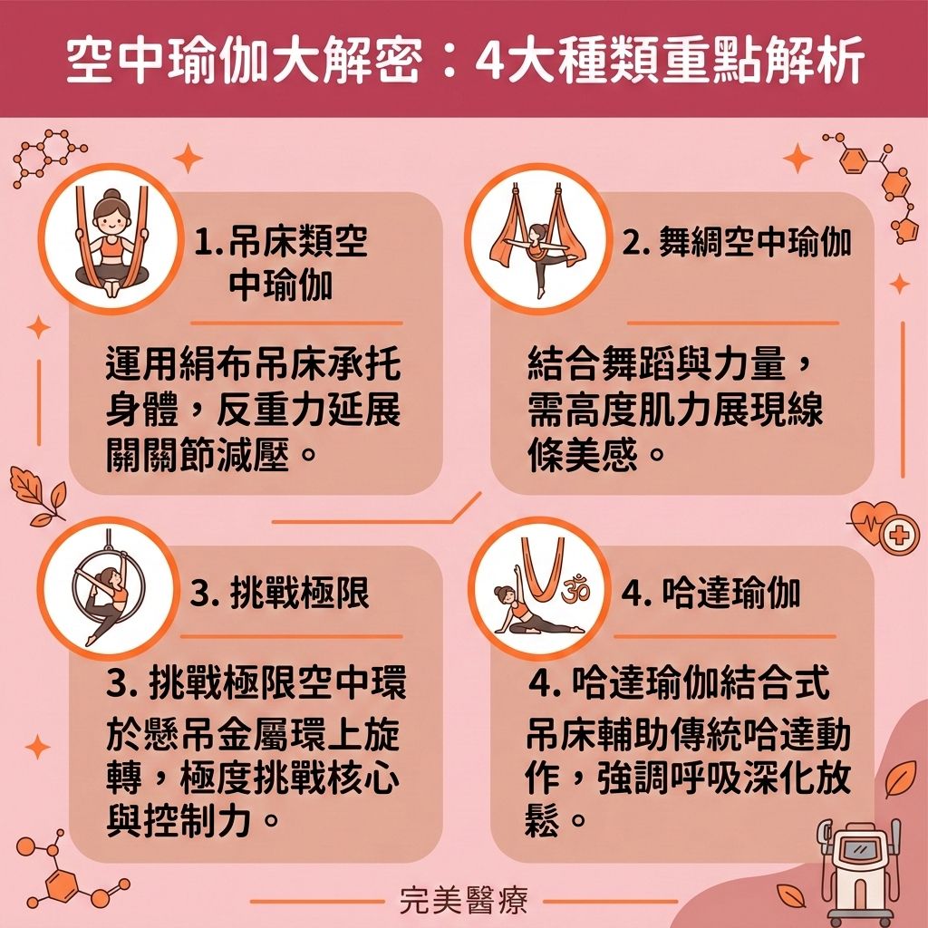 這是一張台灣健康部落格風格的正方形資訊圖表，詳細解析了四大空中瑜伽項目。利用絹布吊床練習，能有效減輕脊椎壓力，保護脊椎與關節，同時舒緩肩頸痛楚與改善不良姿勢。這項運動能提升身體柔軟度（增加柔韌度），並鍛鍊深層肌肉與增強核心力量，完美強化核心肌群、提升整體肌肉量。

作為一種結合力量的有氧運動，它能促進血液循環與活化淋巴系統，達到促進淋巴排毒、消除水腫與改善下半身水腫的效果，進而改善睡眠質素。長期練習能提升基礎代謝與整體的基礎代謝率，加速新陳代謝，大量消耗卡路里。這有助於燃燒全身脂肪、消除局部贅肉與預防脂肪積聚，降低體脂率，減少內臟脂肪與皮下脂肪，幫助您突破減肥停滯期。

對於想塑造修長線條、產後修身塑形或打造易瘦體質的人來說，若想加強效果，可搭配醫學美容。香港完美醫療提供專業的專屬瘦身方案與無創減脂療程。透過先進的溶脂技術進行精準的醫美定位修形，能安全高效為您重塑完美體態！
