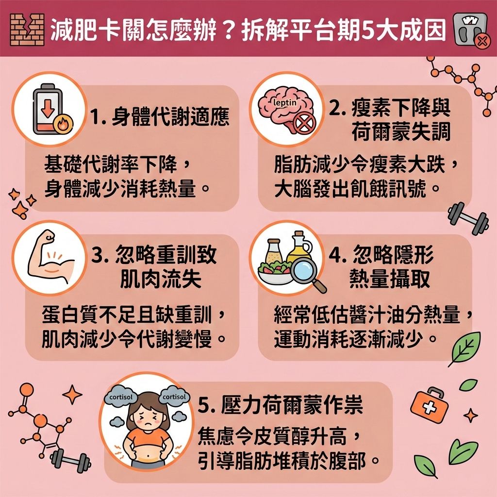 這是一張台灣健康部落格風格的 1:1 正方形資訊圖表，深入探討為何會出現體重停滯不降的現象。當體重與體脂率不再下降時，代表您已遇到瓶頸。為了突破減肥停滯期（或突破體重樽頸位），我們必須了解成因。

首先，長期嚴格控制熱量攝取（精算卡路里）或進行間歇性斷食，會導致基礎代謝率下降。此時若碳水化合物（減少碳水攝取）或蛋白質攝取不足，容易造成肌肉量流失，影響新陳代謝。建議調整飲食結構，適時加入欺騙餐來欺騙身體，並多喝水補充水分。

其次，壓力與荷爾蒙失調會讓脂肪細胞變得頑固，導致厚厚的皮下脂肪與內臟脂肪堆積。為紓緩心理壓力與改善睡眠質素，建議改變運動模式，不要只做有氧運動，應結合無氧運動或高強度間歇訓練，這樣能增加肌肉量，有助於提升基礎代謝與預防脂肪積聚。

透過上述方法能幫助您打造易瘦體質並降低體脂比例。若您依然無法燃燒深層脂肪，可以考慮醫學美容的幫助。香港完美醫療提供專業的專屬瘦身方案與局部減脂療程。透過先進的無創減脂技術與溶脂儀器，能安全有效地為您進行醫美定位修形，輕鬆重塑完美體態！