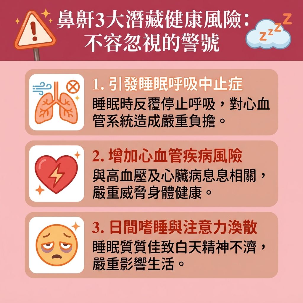 這是一張台灣健康部落格風格的 1:1 正方形扁平化資訊圖表，詳細解說【鼻鼾】帶來的健康風險，並探討各種【解決鼻鼾方法】與【物理止鼾原理】。嚴重的鼻鼾常是【睡眠呼吸中止症】（或稱【睡眠窒息症】）的危險信號，會造成【睡眠】中缺乏【氧氣】，引發【改善睡眠缺氧】的迫切需求。當【呼吸道】、【鼻腔】、【喉嚨】、【口腔】與【軟顎】的深層【肌肉】過度鬆弛，甚至【舌頭】後墜時，會導致【氣流】受阻與嚴重【鼻塞】。

為了【保持呼吸道暢通】與【改善氣流阻塞】，大眾常會尋找【止鼻鼾神器推薦】並進行【止鼻鼾產品比較】。市面上常見的【止鼾器】如【頭帶】（常配有【魔術貼】設計），能穩固包覆【臉頰】並【收緊下巴肌肉】，其【止鼻鼾帶效果】在於能夠【固定下顎位置】，有效【防止用口呼吸】並【預防睡眠口乾】。然而在選用時也需留意潛在的【止鼾帶副作用】。此外，配戴【牙膠】或專業的【呼吸機】也能有效調整【下顎】位置。

選擇正確的工具配合【調整不良睡姿】，能幫助【舒緩鼻塞症狀】、【減少打呼嚕】，從而【改善睡眠質素】與【提升睡眠質素】。這不僅能【減輕日間疲倦】，更是遠離致命心血管疾病的關鍵。