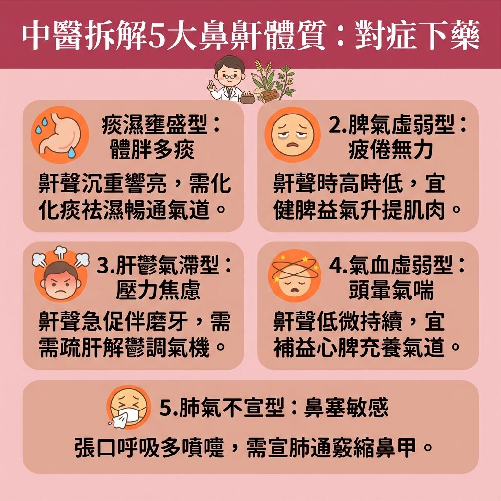 這是一張台灣健康部落格風格的 1:1 正方形扁平化資訊圖表，主題為探討「中醫拆解鼻鼾的五大體質」。圖表提供了實用的解決鼻鼾方法，幫助大眾改善睡眠質素（提升睡眠質素）。從中醫角度，若脾胃虛弱導致痰濕，會需要健脾化痰及減少痰液分泌；若肺氣不宣或氣血虛弱，則需調整氣血陰陽與疏通經絡氣血（針對全身經絡）。

許多人的打呼問題源於肥胖、舌頭後墜或肌肉過度鬆弛，進而引發嚴重的睡眠窒息症。為了保持呼吸道暢通、改善呼吸道阻塞及緩解鼻塞流涕，患者應前往專業診所尋求註冊醫師協助。

除了服用中藥進行中醫調理鼻鼾，大眾也可以透過針灸（針灸治療鼻鼾）或刺激特定穴位（如迎香穴與印堂穴）來進行穴位按摩通鼻塞。這些溫和的療法能有效舒緩鼻敏感症狀、改善用口呼吸，幫助暢通呼吸道，進而降低鼻鼾頻率與改善打呼嚕。若情況嚴重，建議安排睡眠測試診斷。及早介入不僅能減輕日間疲倦，更能有效預防心血管疾病，讓你重拾健康無憂的睡眠。