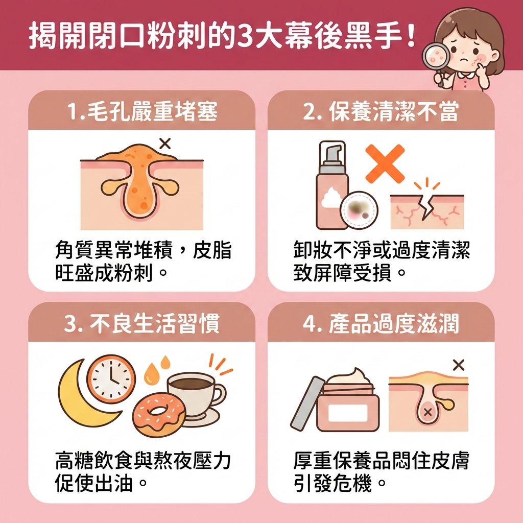 這是一張台灣健康部落格風格的正方形醫美資訊圖表，詳細拆解閉口粉刺的成因。當荷爾蒙失調時，皮脂腺會分泌過多油脂，若加上過厚的角質層，極易成為細菌溫床，引發黑頭與暗瘡。日常必須預防毛孔堵塞，並絕對要避免過度擠壓。

圖表提醒，正確使用卸妝油與洗面奶能徹底卸除彩妝並深層清潔皮膚，但必須避免過度清潔以保護皮膚屏障，達到修復受損屏障之效。選擇合適的護膚品能溫和潔淨肌膚並調節水油平衡。若有需要，可適度搭配果酸、水楊酸或杏仁酸來去除老廢角質、溶解堆積油脂及疏通堵塞毛孔，從而控制油脂分泌與減少黑頭粉刺。此外，切勿濫用凡士林以免悶塞毛孔。

透過正確護理能促進細胞代謝、緊緻粗大毛孔並改善粗糙膚質，達到舒緩紅腫發炎的效果。若問題嚴重，應尋求專業皮膚科醫生協助。圖表最後強烈推薦完美醫療的專業醫學美容療程，包含激光去印療程與皇牌「暗瘡分手療程」，助您實現長效預防復發的無瑕美肌！