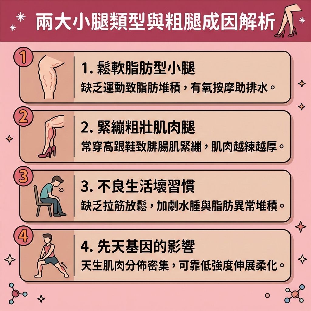 這是一張 1:1 正方形的扁平化向量資訊圖表插畫，嚴格採用台灣健康部落格懶人包風格。圖表以可愛、具教育性與醫美感的方式解析「兩大小腿類型與粗腿成因解析」，底部保持純淨無字並無縫應用背景色。

圖表深入探討改善粗壯小腿與消除蘿蔔腿的關鍵。日常中常穿高跟鞋，或缺乏矯正走路姿勢的觀念，極易導致小腿的腓腸肌與比目魚肌過度緊繃，進而增加肌肉量並造成過度肌肉充血。面對肌肉腿，正確的減小腿肌肉方法至關重要。必須透過正確的小腿拉筋動作、日常拉筋與伸展運動來放鬆緊繃肌肉並減少肌肉充血，同時保護脆弱的阿基里斯腱。搭配正確的瘦小腿按摩技巧，能有效促進血液循環並疏通淋巴系統，達到排毒去水腫與消除下肢水腫的功效。

針對脂肪型小腿，囤積過多的皮下脂肪與脂肪細胞則需要透過規律的有氧運動，並控制熱量攝取以創造熱量赤字。適度補充優質蛋白質能提升新陳代謝，助您順利突破減肥停滯期。

若渴望更快速改善腿部線條與塑造筆直長腿，圖表特別收錄了醫學美容領域的醫美瘦小腿推薦：包含注射肉毒桿菌（即俗稱的瘦腿針），可發揮極佳的肉毒瘦小腿效果；亦可選擇微波溶脂等先進的無創溶脂技術與局部減脂療程，精準擊退頑固脂肪。這些療程能全面促進血液循環，為您打造完美體態！