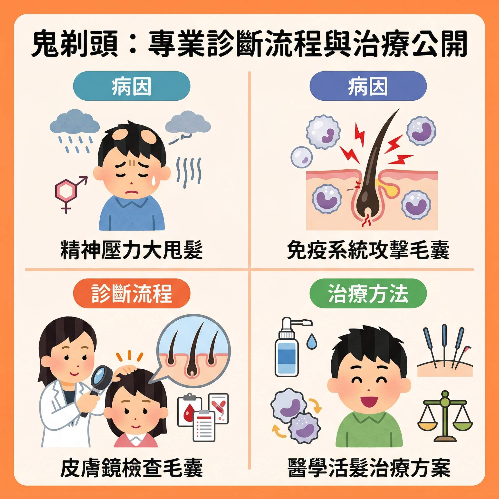 一幅 1:1 正方形扁平化向量醫學健康資訊圖表，採用現代教育醫美感，乾淨整潔。柔和橙色 (#FF8C42) 背景，2x2 彈性網格排版，區塊間有淺色直線分隔。標題為香港繁體中文方圓體，字距加大 (1px)，筆劃清晰可見：鬼剃頭：專業診斷流程與治療公開。標題下無任何標籤。插圖嚴格使用可愛的 Irasutoya 風格。切勿在圖片下方加上「完美醫療」字眼。
左上角區塊標題（藍綠色膠囊形）：病因，底部文字說明：精神壓力大甩髮。插圖描繪一位悲傷的 Irasutoya 角色，其頭皮有圓形和橢圓形的 突然局部脫髮 和 圓形禿頭症狀。角色周圍有壓力雲和 荷爾蒙 符號，反映 精神壓力 引發 情緒波動引發脫髮，探討 鬼剃頭原因分析 與 心理創傷。
右上角區塊標題（藍紫色膠囊形）：病因，底部文字說明：免疫系統攻擊毛囊。插圖展示 免疫系統 中的 白血球 (或稱 細胞攻擊) 正包圍並攻擊 頭皮 上的 毛囊，導致 頭皮毛囊發炎、炎症反應 和 斑禿初期徵狀識別。這是一個涉及 自體免疫疾病 併發 甲狀腺疾病 和 甲狀腺功能異常脫髮 的概念。
左下角區塊標題（橙紅色膠囊形）：診斷流程，底部文字說明：皮膚鏡檢查毛囊。插圖展示一位友好的 Irasutoya 皮膚科醫生，正為一位角色進行 皮膚科專科診斷，使用專業的 皮膚鏡檢查 並評估 頭皮 狀態。箭頭指向血液樣本，提示排除 營養缺乏。這是一個 專業頭皮檢測分析。
右下角區塊標題（綠色膠囊形）：治療方法，底部文字說明：醫學活髮治療方案。插圖描繪 生髮水 (或 類固醇) 應用在頭皮上，以及開心的角色顯示頭髮生長。涵蓋 醫學活髮治療方案，如調節免疫反應的 免疫療法 和外用藥物，旨在 刺激毛囊重新生長、促進 血液循環 (和 頭皮血液循環) 並促進頭髮生長週期，對抗 異常脫髮、遺傳基因 (與 家族病史/家族遺傳性斑禿) 引起的 斑禿，最終 預防鬼剃頭復發。提到 中醫食療作為輔助和調整內分泌失調甩頭髮的角色。