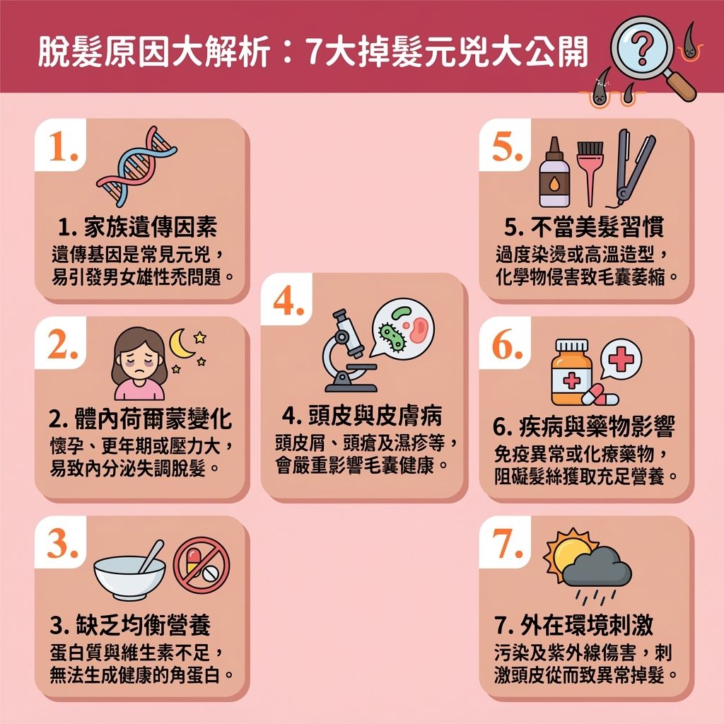 這是一張台灣健康部落格風格的 1:1 正方形資訊圖表，詳細解析了七大脫髮原因。無論是遺傳導致的雄性禿、皮脂腺分泌異常、還是荷爾蒙變化，都會影響頭皮與毛囊健康。想減少掉髮並改善頭髮稀疏，正確的頭髮保養步驟是關鍵。日常應維持良好的血液循環，並選擇能活化毛囊及滋養髮根的頭皮護理產品。
市面上有許多防脫髮精華與無矽生髮水，當中蘊含氨基酸、維他命、胜肽、咖啡因與生物素，能補充膠原蛋白與角蛋白，強韌髮絲並解決斷髮問題。針對不同需求，可選擇含何首烏、人參等天然生髮配方的產品，或是蘊含幹細胞技術的精華液，達到舒緩頭皮敏感及頭皮抗衰老的效果。
對於尋求改善產後脫髮的媽媽，應挑選安全的孕婦生髮產品；而一般男女適用生髮水或含米諾地爾的藥用生髮精華，則能有效刺激頭髮生長、促進頭髮生長並增加頭髮密度。為髮根注入充足營養，才是全面對抗脫髮的根本之道。