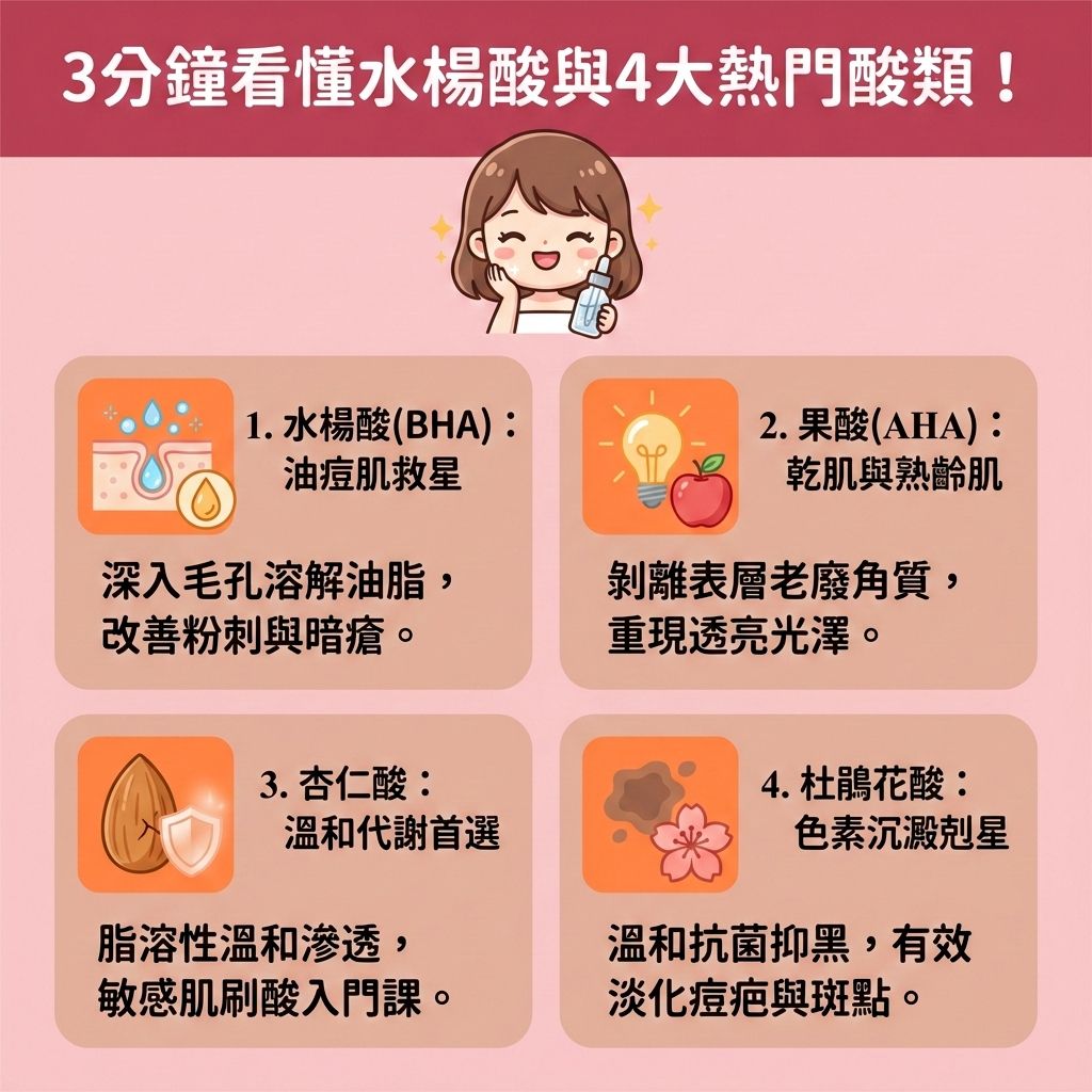這是一張台灣健康部落格風格的醫美資訊圖表，教你如何挑選酸類護膚品（如精華液與爽膚水）。圖中女孩正為臉上的油脂、黑頭、粉刺、暗瘡與嚴重的石頭瘡苦惱。當皮脂腺分泌過盛，容易堵塞毛孔與角質層。

圖表介紹四種常見酸類：水楊酸具備優異的脂溶性，能溶解深層油脂、深層清潔皮膚並疏通堵塞毛孔，有助於收細粗大毛孔、減少黑頭粉刺及預防暗瘡形成。果酸則能去除老廢角質、促進細胞代謝、改善粗糙膚質與提亮暗沉膚色。杏仁酸相對溫和，適合敏感肌，能控制油脂分泌與調節水油平衡。杜鵑花酸則能舒緩紅腫發炎與褪紅消炎鎮靜。

日常刷酸需溫和潔淨肌膚，避免過度清潔以修復受損屏障。新手必須循序漸進建立肌膚耐受，且白天務必做好防曬。若有嚴重肌膚問題，應諮詢專業皮膚科醫生。圖表下方特別推薦香港醫學美容機構完美醫療的激光煥膚療程與「暗瘡分手療程」，助您安全重獲健康發光肌！