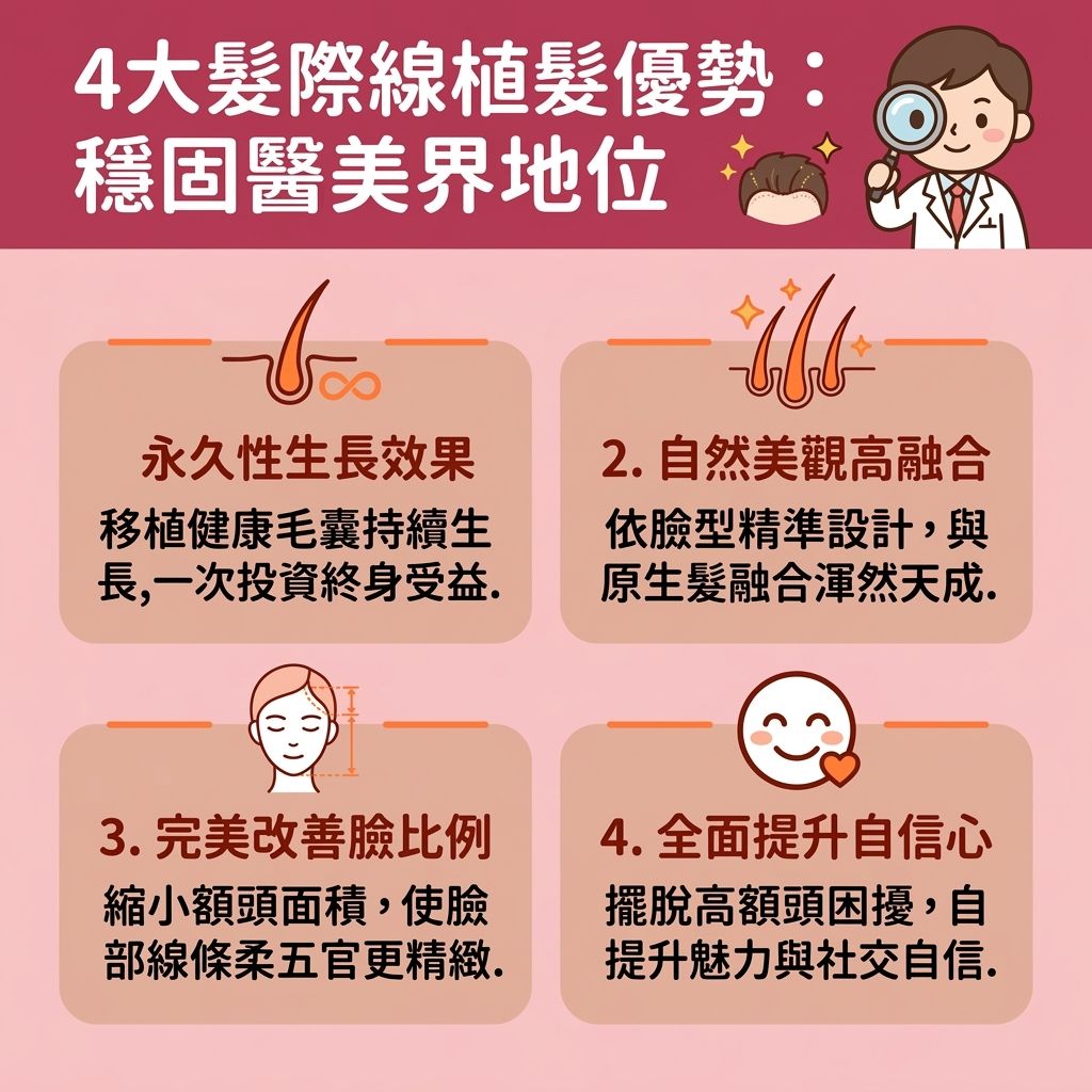 這是一張台灣健康部落格風格的 1:1 正方形資訊圖表，主題為優質的植髮中心推介，詳細解說微創無痕植髮的優勢。圖表為面臨脫髮、雄性禿以及M字額困擾的讀者，提供解決額高問題與髮際線後移改善的完美方案。透過專業醫生的評估與髮際線設計形狀，不論是男性M字額植髮還是女性髮際線調整，都能達到最佳效果。

圖中展示了先進的提取毛囊技術，從健康的後枕部安全提取毛囊與髮根。過程中搭配安全的麻醉以大幅降低植髮過程痛楚，並採用微創技術確保不會留下明顯疤痕，有效降低植髮後遺症風險。這種方法能縮短手術時間，並讓植髮手術恢復期及整體康復期更輕鬆。

這項毛囊萎縮治療能保護脆弱的頭皮，並在額角與髮際線區域進行精密種植。因為毛囊存活率高（高存活率），所以能顯著改善頭髮稀疏，完美增加髮根密度與整體髮量（高密度）。順著自然的髮流生長，帶來植髮效果自然的改變。只要遵循正確的術後護理保養，這絕對是最佳的預防脫髮方法。圖表下方也貼心整理了髮際線植髮價錢資訊，幫助大家全面了解植髮療程。