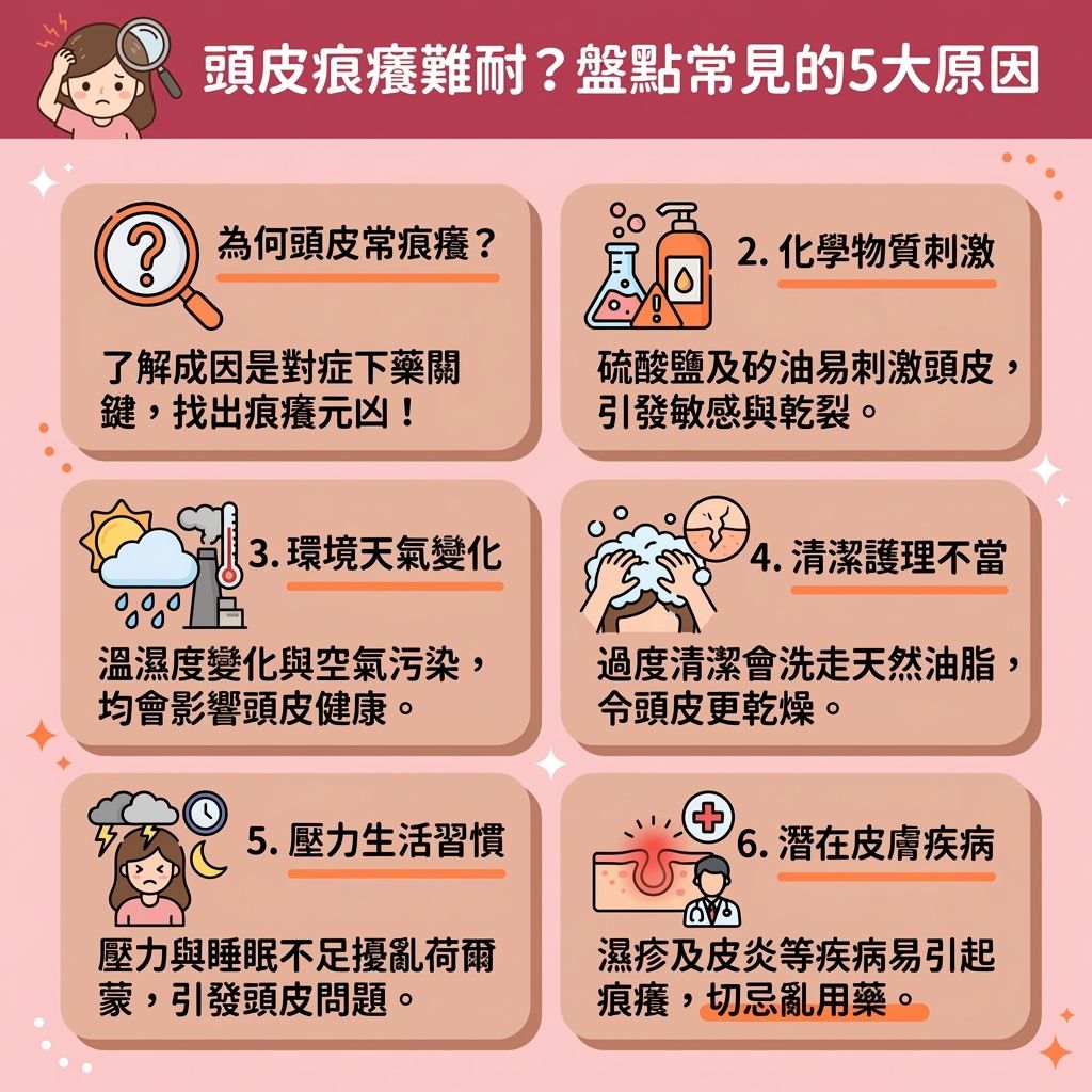 這是一張台灣健康部落格風格的 1:1 正方形資訊圖表，詳細解析了五個導致頭皮痕癢的元兇。許多人深受頭皮屑與頭瘡困擾，甚至引發頭皮痕癢脫髮危機。若想改善頭皮健康，我們必須了解毛囊與皮脂腺的運作。面對角質層受損與真菌感染，學習洗髮正確步驟至關重要。日常應選擇溫和潔淨且含氨基酸、蛋白質或維他命的無矽洗頭水，避免硫酸鹽與矽油刺激敏感肌。我們為您準備了止痕洗頭水推介與去頭皮屑洗頭水清單，涵蓋天然草本成分與蓖麻油配方，能滋潤頭皮並修復受損髮絲；針對嚴重問題，可考慮含水楊酸或酮康唑的抗黴菌洗頭水及頭瘡洗髮水，有效控油抗炎、解決頭皮發炎並減少油脂分泌。此外，壓力會影響免疫系統與荷爾蒙，導致脫髮，適時使用防脫髮洗髮露並進行深層清潔頭皮與促進血液循環的頭皮護理療程能舒緩頭皮敏感。若情況嚴重，請務必諮詢皮膚科醫生尋求專業協助。