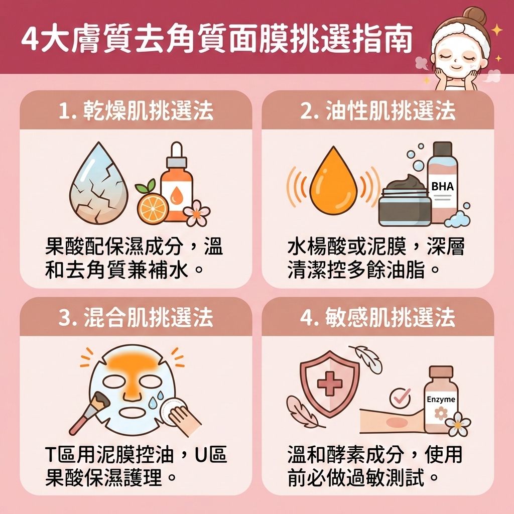 這是一張台灣健康部落格風格的醫美資訊圖表，教你如何挑選適合的去角質面膜。圖表指出，若缺乏溫和潔淨肌膚與去除老廢角質，過厚的死皮與角質層會導致毛孔堵塞。

對於容易出油的人，泥膜或含水楊酸的產品能深層清潔毛孔、吸附多餘油脂與疏通堵塞毛孔，有效控制油脂分泌與減少黑頭粉刺，預防黑頭、粉刺及暗瘡。若是乾燥肌，應搭配含果酸的產品、透明質酸等護膚品及洗面奶，這能維持肌膚水分並調節水油平衡。對於脆弱的敏感肌，必須避免刺激皮膚與避免過度清潔，以免破壞健康的皮膚屏障，正確護理能增強皮膚屏障並舒緩紅腫發炎。

正確使用面膜清除油脂能改善粗糙膚質、提亮暗沉膚色、促進後續吸收並加速細胞更新。若肌膚問題嚴重，應尋求專業皮膚科醫生協助。圖表最後強烈推薦完美醫療的專業醫學美容項目，包含能去印的激光去印療程與皇牌「暗瘡分手療程」，助您解決肌膚煩惱，實現長效預防復發！