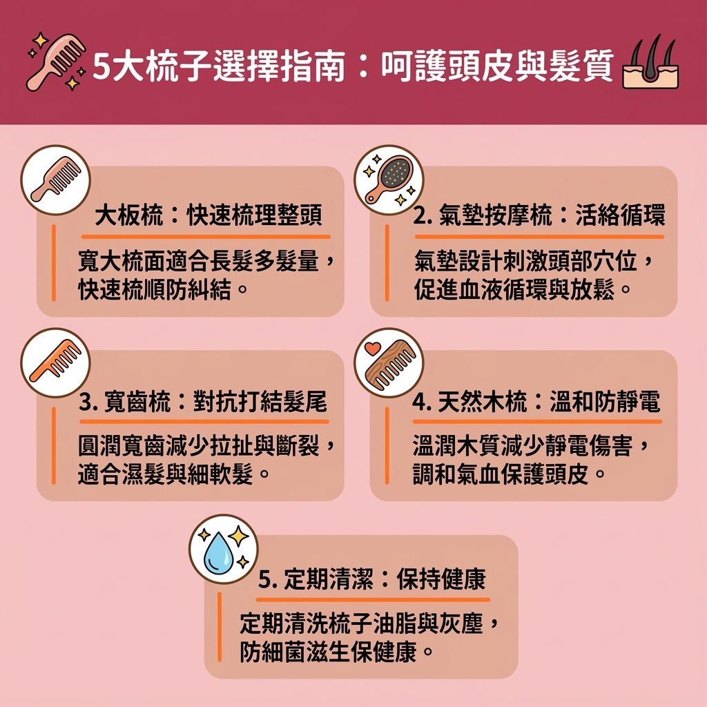 這是一張台灣健康部落格風格的 1:1 正方形資訊圖表，主題為梳子種類推薦與梳頭好處。圖表教導大家正確梳頭方法與護髮梳頭順序，並強調洗頭前梳頭能有效清潔頭皮污垢（去除污垢與老廢角質）。

選擇合適的梳子（如氣墊梳或豬鬃毛梳）能按摩頭皮穴位（刺激穴位與經絡），有效舒緩頭部壓力。透過氣墊梳按摩能促進血液循環（改善頭皮的血液循環），加速新陳代謝，從而刺激毛囊生長、喚醒毛囊，這對改善脫髮問題與梳頭防掉髮有極大的幫助。

正確的梳頭方向技巧配合適當的梳頭次數建議，能將皮脂分泌的分泌天然油脂均勻帶到髮絲與髮尾，若搭配護髮油更能促進毛鱗片閉合。這能有效預防頭髮靜電（減少靜電）、撫平毛躁頭髮，並減少髮絲斷裂。遇到糾結時，應先梳開打結頭髮，從髮根到髮尾溫和梳理，全面保護頭髮健康，避免異常脫髮。