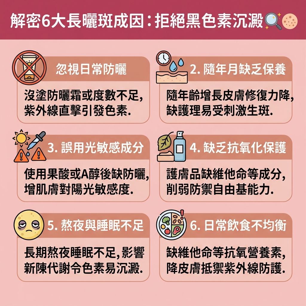 這是一張台灣健康部落格風格的 1:1 正方形扁平化資訊圖表，詳細分析了【曬斑成因】與預防方法。當肌膚的【表皮層】、【真皮層】及【角質層】受到強烈【紫外線】侵襲，底層的【黑色素細胞】會變得活躍，產生大量【黑色素】。若日常未落實正確的【物理防曬方法】（例如使用含有【二氧化鈦】與【氧化鋅】的【物理防曬】產品，或選擇優質的【化學防曬】【防曬霜】），便極易形成【曬斑】、【雀斑】、【老人斑】與【荷爾蒙斑】等各類惱人的【色斑】。

為了【預防色斑形成】與【預防黑色素沉澱】，我們必須【抵抗自由基】。選用具備抗氧化功效的【護膚品】來【抵禦光老化】及【防止肌膚老化】，能有效【阻截黑色素】、【提亮膚色】與【改善暗沉肌膚】。同時，維持充足睡眠與均衡飲食有助【促進新陳代謝】，幫助【解決色素沉澱】與【改善膚色不均】。

若想快速【去除色斑】、【淡化曬斑】與實現【美白去斑】，尋找專業機構的【去斑療程推薦】是最佳對策。現時的【激光】與【皮秒激光】技術能精準【擊碎深層黑色素】，不僅【激光去斑效果】極為顯著，更能【刺激膠原增生】，喚醒肌底流失的【膠原蛋白】，讓你重拾健康無瑕的白滑肌膚。