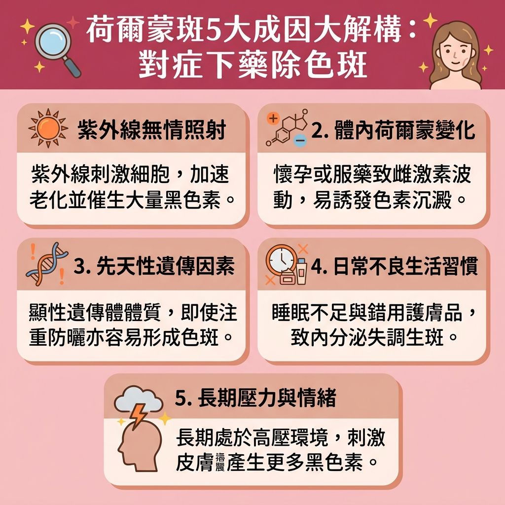 這是一張台灣健康部落格風格的 1:1 正方形扁平化資訊圖表，詳細剖析【荷爾蒙斑成因】與應對方法。圖表介紹了俗稱【黃褐斑】、【肝斑】或【蝴蝶斑】的【荷爾蒙斑】。這種【深層色斑】與一般【淺層色斑】（如【雀斑】與【太陽斑】）不同。當人體【雌激素】改變，特別是出現【產後荷爾蒙斑】時，加上【紫外線】侵襲，會導致【黑色素】在【角質層】堆積。

為了【預防色斑形成】與【阻截黑色素形成】，日常除了做好【防曬】與慎選【護膚品】，更要【促進新陳代謝】以【預防黑色素沉澱】及【解決色素沉澱】。若想徹底【去除黃褐斑】、【淡化色斑】並【美白去斑】，尋求專業【診所】的【醫生】進行【荷爾蒙斑治療】是最佳選擇。

現時熱門的【去斑療程推薦】包括【激光】與【皮秒激光】等先進【療程】。這些【無痛去斑技術】能精準【打散黑色素】，不僅有極佳的【激光去斑效果】，還能【刺激膠原增生】（喚醒底層的【膠原蛋白】），全面【改善膚色不均】。在了解各大機構的【激光去斑價錢】後，及早治療才能告別各類【色斑】，重拾淨白無瑕肌膚。