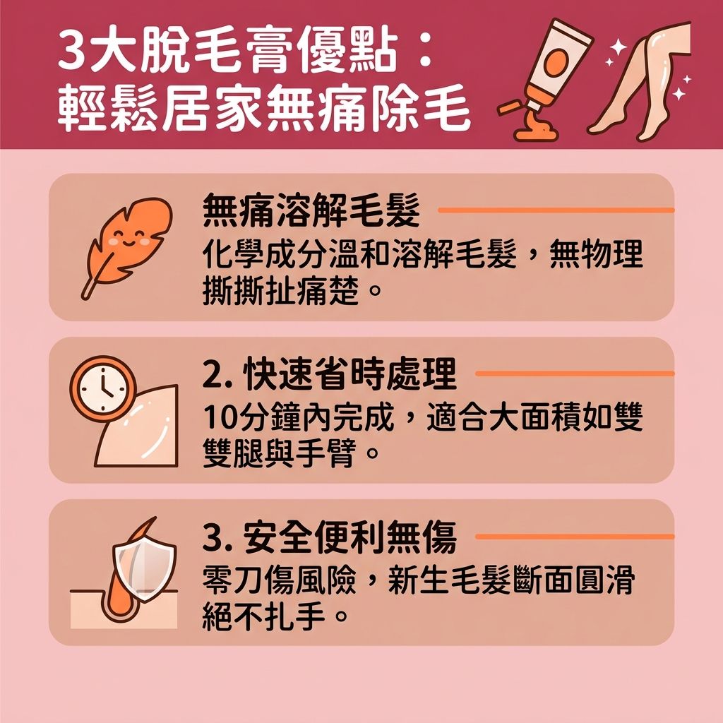 這是一張呈現台灣健康部落格風格的 1:1 正方形扁平化向量資訊圖表，詳細介紹了脫毛膏的優勢與脫毛膏正確用法。許多人在除毛時害怕蜜蠟的撕扯，或擔心使用剃刀及鑷子帶來的拔毛後遺症（如不慎刮傷皮膚、難以避免皮膚灼傷、引發炎症與解決毛囊發炎的困擾）。相比之下，脫毛膏是一種極佳的溫和脫毛方法，利用安全的化學物質溶解毛髮中的蛋白質，不會傷害毛囊或造成毛孔粗大。

圖表特別提醒，敏感肌在使用前需留意化學成分致敏風險與脫毛膏副作用。在進行腋下脫毛步驟（處理腋下與汗毛）或留意面部脫毛注意（去除面毛）時，應先軟化老化角質與角質。完成後需為肌膚補足水分，做好脫毛後護理保養，這有助於修復受損屏障、舒緩脫毛紅腫，同時能減少色素沉澱（避免黑色素累積）、改善皮膚粗糙並有效預防毛髮倒生。

若正在尋找敏感肌脫毛推薦的長效方案，圖表建議諮詢專業醫生，考慮進行激光脫毛療程。透過先進的無痛激光脫毛與激光技術，能安全達到理想的永久脫毛效果，擁有持久平滑的肌膚。