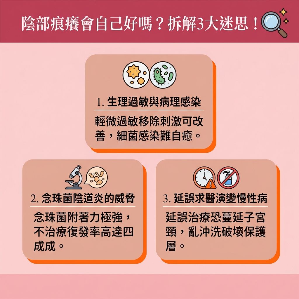 這是一張1:1正方形的台灣健康部落格風格資訊圖表，主要探討陰部痕癢迷思與女性【荷爾蒙】健康。圖表提醒，若因【多囊卵巢症】導致【雄性激素】過盛，不僅是【美人生鬚原因】與【女生長鬍子】的元兇，還會長出【粗硬毛髮】、【唇毛】、【面毛】及【面部雜毛】。許多人為了【去除小鬍子】，常依賴【剃刀】或【脫毛膏】，但這易引發【毛髮倒生處理】不當，甚至需要【剃鬚膏推薦】來減少刮傷，且容易留下【鬚根】並刺激【角質層】與【毛囊】，引發痕癢與發炎。

為【避免毛囊炎】及照顧【敏感肌】，圖表建議尋求專業【脫毛公司】的【治療師】進行【無痛激光脫毛】或【全身脫毛】（包括容易悶熱感染的【比基尼線】）。透過比較不同【脫毛儀器】（如【755nm】與【808nm】波長）與進行【脫毛療程比較】，能更了解【激光反應】與潛在的【激光脫毛副作用】。專業的【激光脫毛】配備【冷凍劑】能安全擊碎【黑色素】，不僅有卓越的【永久脫毛效果】，還能【改善色素沉澱】與【收細毛孔】。圖表底部還附有【脫毛後護理】指南、【激光脫毛價錢】參考、【學生脫毛優惠】資訊，以及關於【脫面毛邊間好】的實用建議。