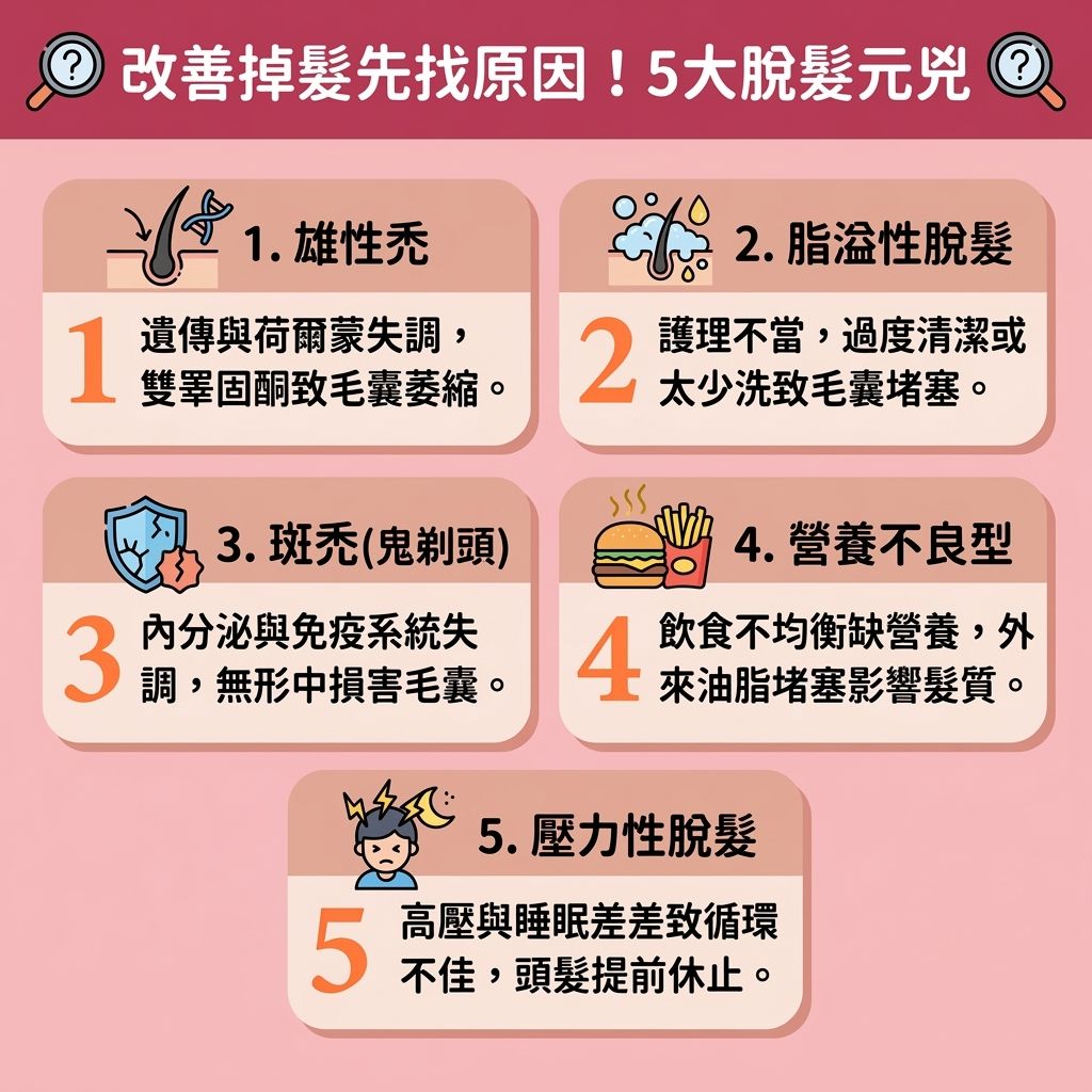 這是一張 1:1 扁平化醫美資訊圖表，深入分析 5 大【脫髮】原因與【防脫髮治療】。圖中指出，【雄性禿】與【斑禿】常因【荷爾蒙】失調引起。為【解決脫髮問題】與【預防產後脫髮】，建議尋求【活髮中心】或【生髮中心】的專業【顧問】與【治療師】協助，進行【專業頭皮分析】。

透過了解【活髮中心收費】並進行【活髮療程比較】，挑選合適的【療程】。利用尖端【儀器】與【無創生髮技術】（如【激光】或【幹細胞】技術），能有效【治療遺傳性脫髮】與【改善頭髮稀疏】。日常需落實【頭皮深層清潔】與【控制頭皮油脂】，以【改善頭皮環境】。

搭配專屬【精華】與補充【營養】（如【角蛋白】），可【修復受損毛囊】並【激活休眠細胞】。這不僅能【促進血液循環】（優化【頭皮】深層的【血液循環】），更能【刺激毛囊再生】、【延長生長週期】，保護【毛囊】、【髮根】與【髮絲】。最終達成【強健脆弱髮根】、【增加頭髮密度】的目標！快來看看我們的【生髮療程推薦】吧！
