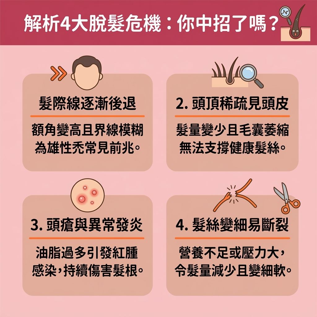 這是一張台灣健康部落格風格的 1:1 正方形資訊圖表，深入解析四大脫髮危機與居家生髮秘訣。圖表指出，當面對雄性禿時，應及早進行雄性禿脫髮治療以預防髮線後移。若出現異常的炎症，會損害髮根與頭皮深層細胞，導致掉髮。

為了解決頭髮稀疏並增加頭髮密度，我們需要改善頭皮微環境及抑制頭皮發炎。透過促進頭皮血液循環（改善血液循環）能加速新陳代謝，幫助修復受損毛囊。許多專業醫生推薦使用抗衰老生髮療程來延緩頭皮衰老。這些療程常運用幹細胞技術中的外泌體，搭配生長因子、藍銅勝肽、煙醯胺單核苷酸、氨基酸與抗氧化劑等黃金秘方，能有效激活毛囊細胞並刺激毛囊生長。

這些營養能促進膠原蛋白增生（補充膠原蛋白），進而強化髮根健康與增強髮絲韌度。無論是尋求改善產後脫髮的對策，還是需要喚醒休止期毛囊，這些成分都能保護毛囊，調節荷爾蒙影響，幫助延長毛髮生長期，最終達到減少掉髮數量的效果。