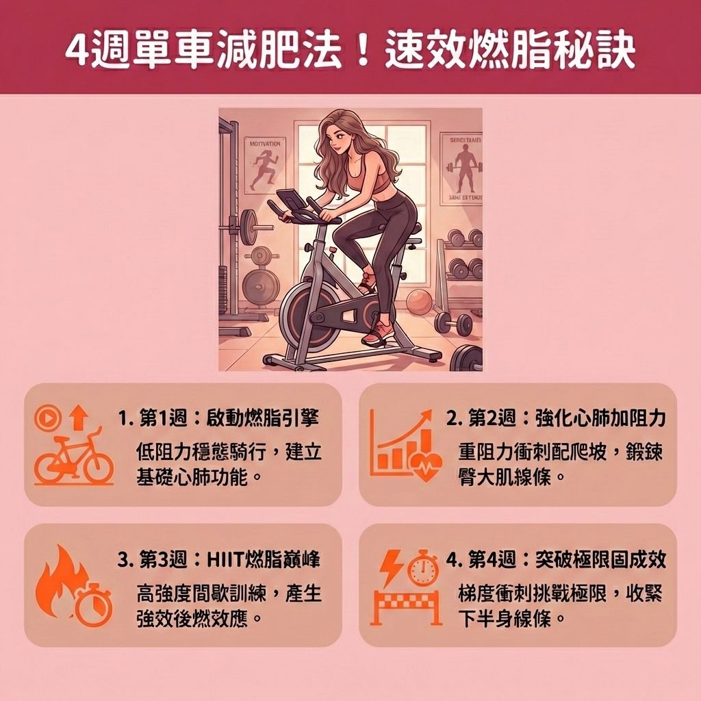 這是一張台灣健康部落格風格的 1:1 正方形醫美資訊圖表。圖中的長髮女生在男生的場景中（面部表情保持不變），正在認真踩健身單車（又稱動感單車）。這是一項極佳的帶氧運動，能有效燃燒體內脂肪並消耗多餘熱量（精算卡路里）。透過調整阻力級別（增加阻力），能在提高心跳率的同時減少關節勞損（保護膝關節）。

持續騎行能增強心肺功能、改善血液循環（加強血液循環），並有效排除乳酸。這不僅能鍛鍊下肢肌肉，強化大腿、小腿與核心肌群（增加肌肉量、預防肌肉流失），還能提升基礎代謝與整體新陳代謝，從而降低體脂率。

日常需配合健康飲食，控制熱量攝取並補充蛋白質，以防減少脂肪積聚。堅持這套運動能幫你突破減肥停滯期，達到收緊大腿線條與塑造緊緻線條的效果，消滅深層脂肪與消除頑固脂肪。若有局部肥胖困擾，可考慮醫學美容的局部減脂療程。香港完美醫療提供專業的無痛溶脂技術與醫美定位修形，結合頂尖溶脂科技與專屬瘦身方案，助你輕鬆重獲完美體態！