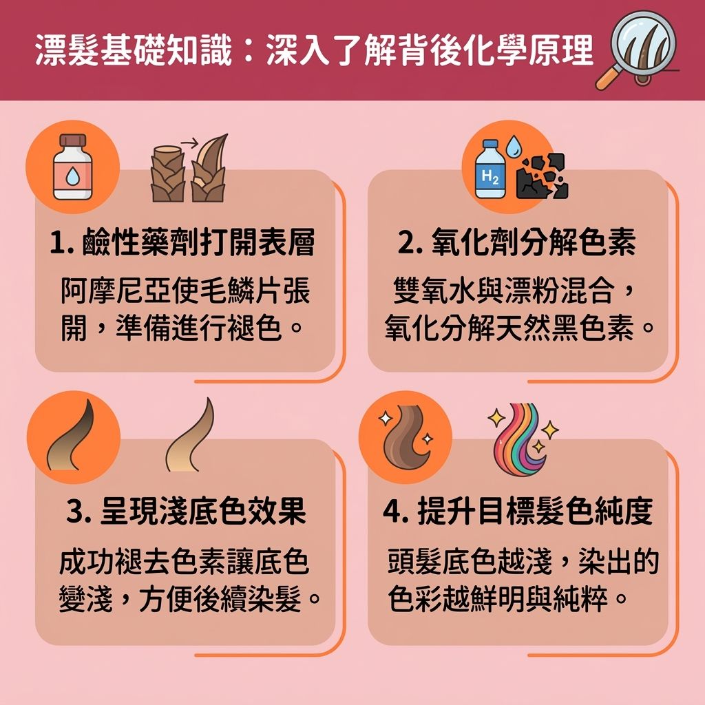 這是一張台灣健康部落格風格的 1:1 正方形扁平化資訊圖表，深入圖解漂髮與染髮的化學原理及保養知識。圖表生動描繪了化學物質（如阿摩尼亞）如何強行打開毛鱗片，並利用雙氧水結合漂粉氧化分解髮絲中的黑色素。

圖表同時警告了各種可怕的漂髮後遺症與漂髮脫髮原因。過度漂染會破壞蛋白質與角蛋白，嚴重影響髮質並導致斷髮。若水中含有過多礦物質（如硬水），更可能引發硬水洗頭脫髮。化學刺激容易造成頭皮敏感發炎及漂髮頭皮痛，進而傷害頭皮與毛囊，最終導致漂髮傷毛囊甚至脫髮。

為了尋求髮質變差解決方案及改善毛躁髮質，圖表詳細介紹了正確的漂髮護理與漂染頭髮保養。在漂後保養步驟中，強烈建議使用護髮素與髮膜來深層滋潤髮絲並補充頭髮角蛋白。這是保護毛鱗片、修復受損頭髮及預防漂染斷髮的關鍵。同時提醒大家需留意漂髮次數限制以減少化學傷害。最後，針對漂髮褪色保養，推薦使用去黃洗頭水來維持完美髮色。