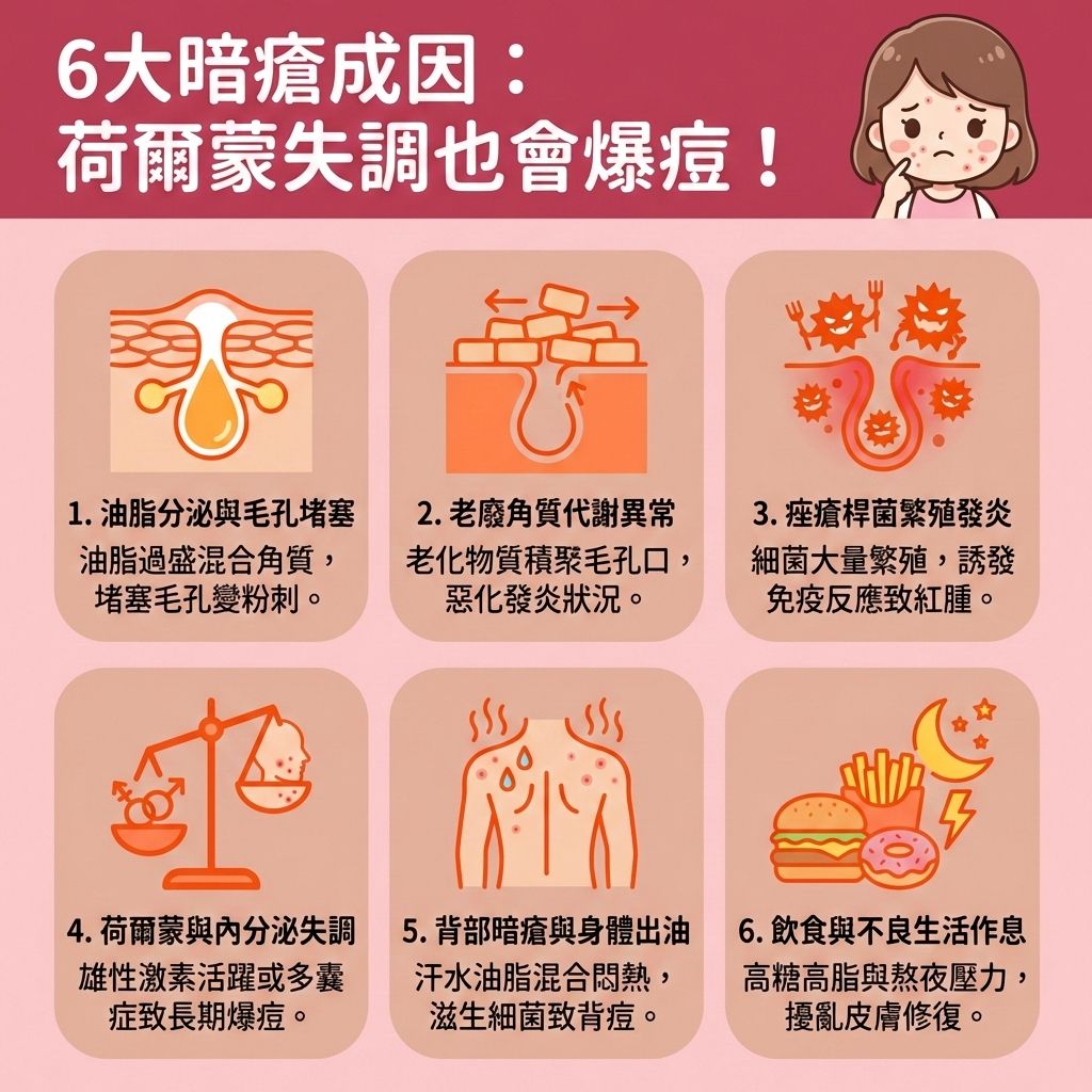 這是一張台灣健康部落格風格的正方形醫美資訊圖表，解說6大暗瘡成因。當荷爾蒙失調，特別是多囊卵巢症引發雄性激素過高，不僅會導致油脂堵塞角質層引發暗瘡，更是美人生鬚原因。許多女孩煩惱女生長鬍子與面部雜毛，想去除小鬍子、唇毛與面毛，若誤用剃刀、脫毛膏或看錯剃鬚膏推薦，容易留下鬚根與粗硬毛髮，甚至引發需要做毛髮倒生處理的危機。

為了避免毛囊炎與暗瘡加劇，尋找專業脫毛公司進行全身脫毛或比基尼線處理是最佳選擇。大家常搜尋脫面毛邊間好、激光脫毛價錢、學生脫毛優惠與脫毛療程比較。專業治療師會操作具備冷凍劑的脫毛儀器，針對不同膚質（包含脆弱的敏感肌）提供無痛激光脫毛。

透過755nm或808nm波長精準破壞毛囊裡的黑色素，能達到極佳的永久脫毛效果與穩定的激光反應。療程不僅能激光脫毛，還能幫助收細毛孔與改善色素沉澱。只要做好脫毛後護理，就能避免激光脫毛副作用，重拾平滑健康美肌！