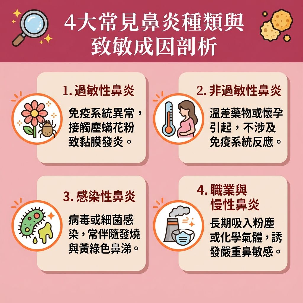 這是一張台灣健康部落格風格的 1:1 正方形扁平化資訊圖表，詳細解說四大【鼻炎】與【慢性鼻炎成因】。無論是【鼻敏感】、【鼻竇炎】還是過敏性鼻炎，當人體的【免疫系統】接觸到環境中的【致敏原】（例如【灰塵】、【塵蟎】或【花粉】）時，會導致【鼻黏膜】發炎與【鼻腔】腫脹，進而引發嚴重的【鼻塞】、【鼻水】與【打噴嚏】。

為了【舒緩鼻敏感症狀】與【減輕鼻炎不適】，尋找正確的【解決鼻塞方法】與【過敏性鼻炎改善】方案至關重要。日常護理可使用【洗鼻器】，配合適當的【洗鼻鹽水比例】來【清潔鼻腔分泌物】與徹底【沖洗致敏原】。這不僅能【保持鼻腔濕潤】、【促進鼻黏膜修復】，更能有效【預防上呼吸道感染】。

若鼻塞問題惡化導致【呼吸道】受阻，極易引發打【鼻鼾】甚至【睡眠窒息症】。因此，積極治療能【改善呼吸道阻塞】、【改善用口呼吸】、【降低鼻鼾頻率】及【減少打呼嚕】。透過【改善睡眠缺氧】，能全面【提升睡眠質素】。建議患者前往專業【診所】尋求【醫生】或【耳鼻喉科】的【耳鼻喉科專科診斷】。除了處方【類固醇噴鼻劑】，也能針對複雜情況進行專業的【鼻竇炎治療】，讓你重拾暢通呼吸。