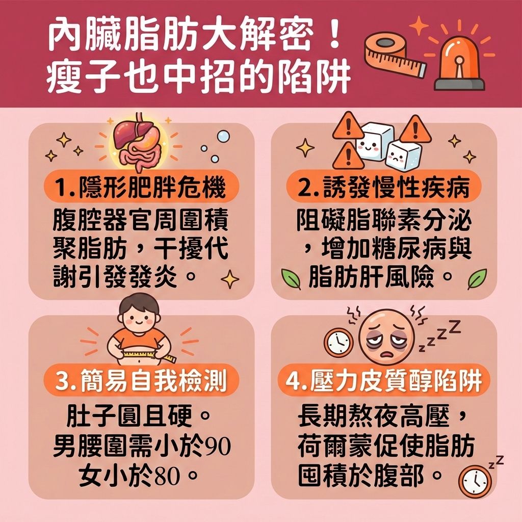 這是一張台灣健康部落格風格的 1:1 正方形教育性醫美資訊圖表，主題為內臟脂肪的成因與標準。圖表指出，即使是小基數減肥的人也可能有隱形肥胖。內臟脂肪與皮下脂肪不同，過多會影響新陳代謝，導致血糖與胰島素失衡，增加患上脂肪肝與心血管疾病的風險。

要消除內臟脂肪及改善中央肥胖，不能只靠控制熱量攝取或計算卡路里。我們需要一套專屬瘦身方案與健康減脂飲食：減少碳水攝取，嚴格控制碳水化合物，並補充優質蛋白質以預防脂肪積聚。搭配高強度間歇訓練、帶氧運動與無氧運動等高強度燃脂運動，能有效提升基礎代謝與基礎代謝率，延長後燃效應與產生後燃效應，從而促進脂肪分解，燃燒深層脂肪，降低體脂比例與體脂率。

對於想尋求減大肚腩方法以塑造平坦小腹的人，如果遇到瓶頸想突破減肥停滯期，可以考慮醫學美容的協助。香港完美醫療提供無痛減脂技術與無創溶脂等局部減脂療程，精準的醫美定位修形能幫助你針對難減的肚腩，輕鬆重拾健康完美體態！