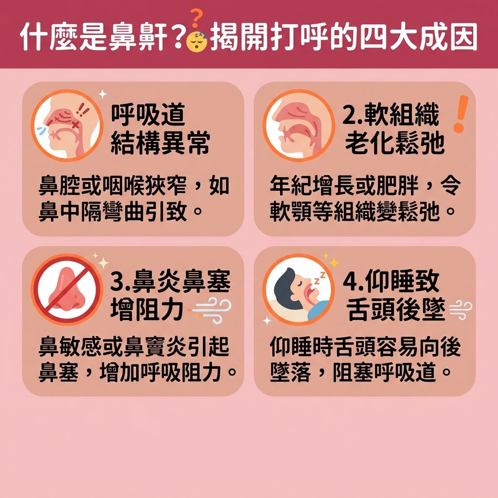 這是一張台灣健康部落格風格的 1:1 正方形扁平化資訊圖表，詳細剖析香港人常見的【鼻鼾】成因，並提供實用的【解決鼻鼾方法】以幫助大眾【改善睡眠質素】（提升整體【睡眠質素】）。圖中指出，不良習慣、都市病、先天結構與肥胖（頸部【脂肪】堆積）都會影響【呼吸道】。當【鼻腔】、【喉嚨】與【軟顎】的【肌肉】鬆弛或受壓，極易引發嚴重的【阻塞性睡眠窒息症】。這會導致頻繁的【睡眠呼吸中止】與【睡眠缺氧症狀】。

為了【保持呼吸道暢通】與【改善呼吸道阻塞】，患者需及時【預防心血管疾病】與【減輕日間疲倦】以【降低停止呼吸頻率】。日常生活中，可透過【控制體重減鼻鼾】、【側睡】、使用【止鼾枕】或【鼻鼾貼】來【改善用口呼吸】及【改善鼻塞問題】。針對鼻敏感，可使用【生理鹽水】進行【洗鼻舒緩鼻敏感】，並【舒緩喉嚨乾涸】；亦可利用【牙膠】來【防止舌頭後墜】。

若情況嚴重，強烈建議前往專業【診所】尋求【醫生】協助，進行【睡眠測試】與詳細的【睡眠測試診斷】。除了配戴【呼吸機】外，現在也有【安全無痛治療】的選項，如先進的【無創止鼾療程】。透過【激光】技術進行的專屬【療程】，能有效【收緊喉嚨肌肉】，讓你徹底遠離【睡眠窒息症】的困擾。