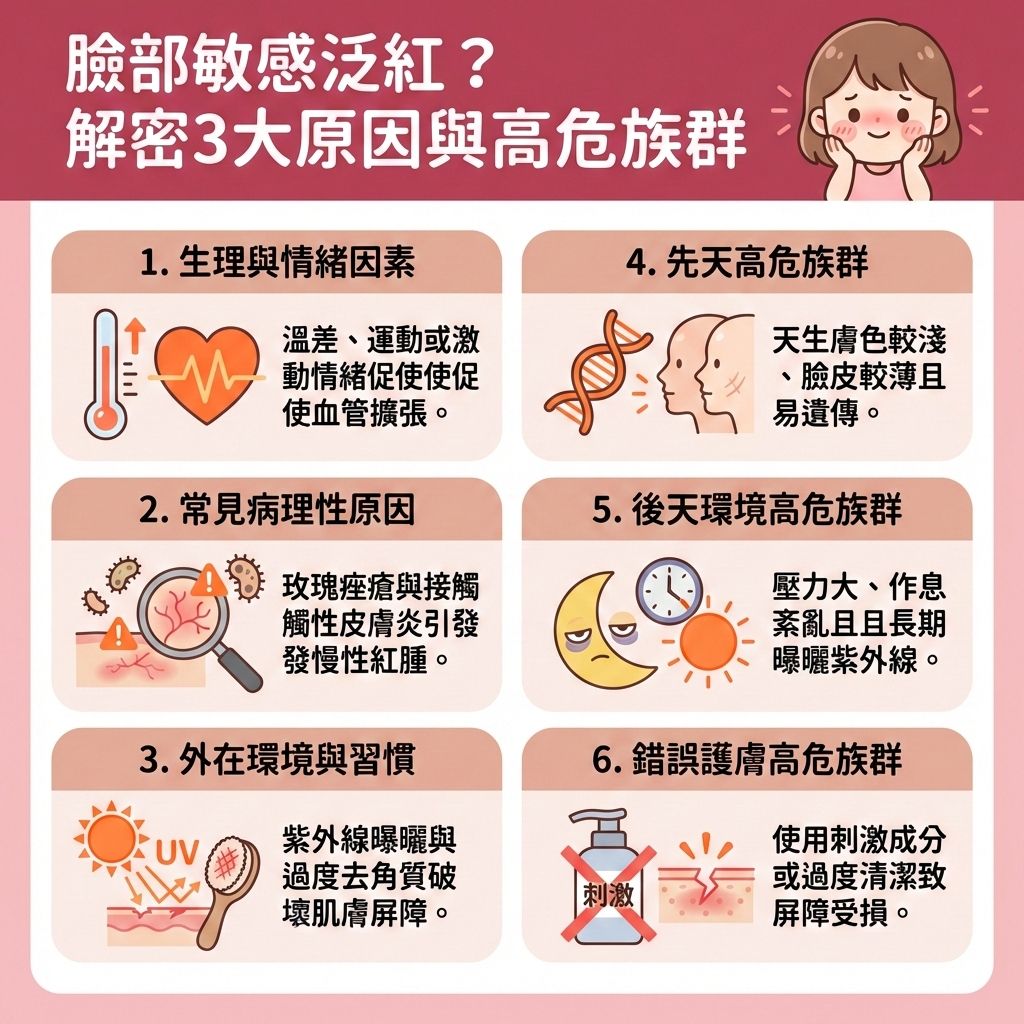 這是一張台灣健康部落格風格的醫美資訊圖表，解析敏感肌臉部泛紅的成因與族群。當肌膚接觸到過敏原，身體釋放組織胺，容易引發接觸性皮膚炎，或加重濕疹、玫瑰痤瘡與暗瘡。這會導致底層微血管異常擴張。為了預防微血管擴張並促進血液循環，我們必須避免過度清潔與避免刺激物質，以溫和潔淨肌膚。

日常需確實做好防曬抵禦紫外線傷害，並挑選含透明質酸的保濕霜與優質護膚品。這不僅能增強保濕鎖水、改善乾燥脫皮並改善粗糙膚質，更重要的是強健的角質層能強化皮膚底層，進而修復受損屏障（保護脆弱的皮膚屏障）。正確護理有助於減少接觸致敏原、降低過敏機率，並達到調節免疫功能與舒緩皮膚痕癢的效果。

若要舒緩臉部泛紅與舒緩紅腫發炎，可透過專業療程來褪紅消炎鎮靜。切勿自行濫用類固醇藥膏，情況嚴重時請務必尋求專業皮膚科醫生協助。圖表最後強烈推薦完美醫療的專業醫學美容項目，包含激光去印療程與皇牌「暗瘡分手療程」，助您輕鬆解決肌膚煩惱，實現長效預防復發！