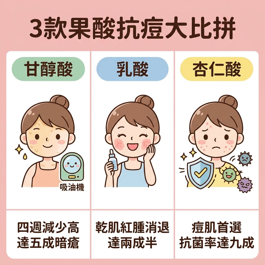 這是一張 1:1 正方形的扁平化向量資訊圖表插畫，排版採用彈性網格佈局劃分為 3 個整齊的方格，區塊之間配有清晰的淺色直線作為分隔線。背景使用純色且柔和的粉色系（如 #F4C2C2）。整體設計帶有日系/台系的可愛卡通感與現代醫療健康風格，專為推廣醫學美容療程知識而設。頂部標題使用方圓體寫著「3款果酸抗痘大比拼」。

圖表詳細分析三款果酸：第一格的膠囊小標題是「甘醇酸」，中央手繪可愛人物展示油性肌膚使用後能溶解油脂污垢、控制油脂分泌，底部文字為「四週減少高達五成暗瘡」。這說明它能深層清潔毛孔、疏通閉塞毛囊，解決毛孔與皮脂腺堵塞問題，有效去除老廢角質、促進細胞更新，並預防毛孔粗大，甚至能刺激膠原增生（補充膠原蛋白）以增加皮膚彈性和減淡細紋皺紋。

第二格的膠囊小標題是「乳酸」，手繪插圖展示乾性肌膚人物塗抹後鎮靜舒緩紅腫，底部文字為「乾肌紅腫消退達兩成半」。這指出它能提亮暗沉膚色、淡化暗瘡印及預防色素沉澱（對抗黑色素），同時能改善粗糙膚質、撫平凹凸洞，其保濕效果如同使用了蘆薈或透明質酸般水潤。

第三格的膠囊小標題是「杏仁酸」，手繪插畫展示人物自帶防護罩擊退細菌，底部文字為「痘肌首選抗菌率達九成」。這說明它比起水楊酸更適合敏感肌，甚至有助於舒緩酒糟鼻及玫瑰痤瘡，是溫和煥膚療程的首選，能針對角質層有效改善暗瘡粉刺、對付黑頭、白頭與粉刺及暗瘡，並修復受損屏障。最後提醒進行任何煥膚療程後都必須注重防曬。全圖文字保持 1px 字距，筆劃清晰，佈局整潔，絕無多餘標籤或句號。