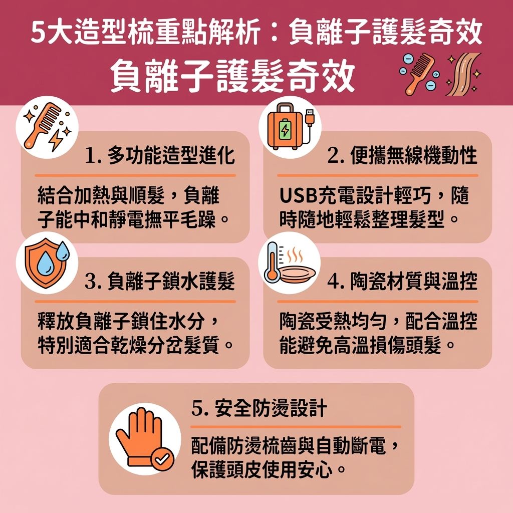 這是一張台灣健康部落格風格的 1:1 正方形資訊圖表，主題為直髮梳推薦比較與每日頭髮造型教學。許多人常問直髮梳傷頭髮嗎？圖表詳細解說了這款不傷髮質造型工具的科學原理。透過正確的直髮梳溫度設定教學與負離子直髮梳用法，能有效控制溫度與熱力。

圖表顯示，直髮梳釋放的負離子能深入頭髮的毛鱗片，鎖住水分與角蛋白，這不僅是最佳的頭髮防毛躁護理與撫平毛躁頭髮技巧，更能有效預防秋冬頭髮靜電，消除靜電與毛躁。相比傳統的直髮夾（詳解直髮梳直髮夾分別），採用陶瓷材質能達到陶瓷發熱保護髮絲的效果，是極佳的護髮選擇，也是漂染受損髮質打理與分享順滑光澤護髮心得的熱門話題。

無論是適合粗硬髮質梳子的需求，或是為了改善頭髮扁塌問題，從髮根到髮尾進行造型，甚至進行髮尾內彎造型教學與處理捲髮，都能輕鬆應對。圖中展示了無線便攜直髮梳的便利性，非常適合快速出門頭髮造型。配合安全的防燙設計直髮梳與獨特設計的梳齒，能保護頭皮與脆弱髮質，提供最佳的解決頭髮打結方法。